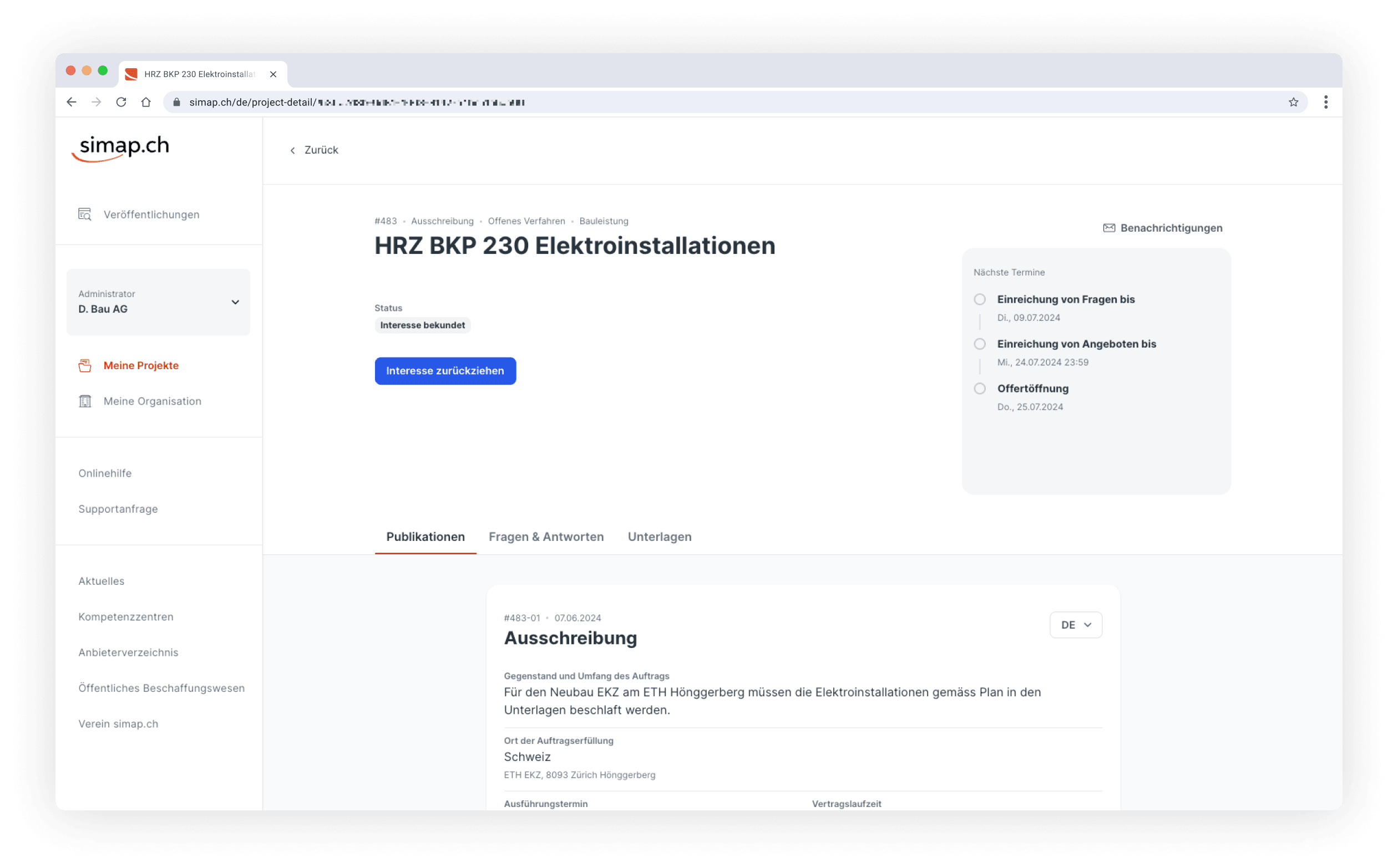 ‘Project Detail’ screenshot: Concrete construction work – interest expressed