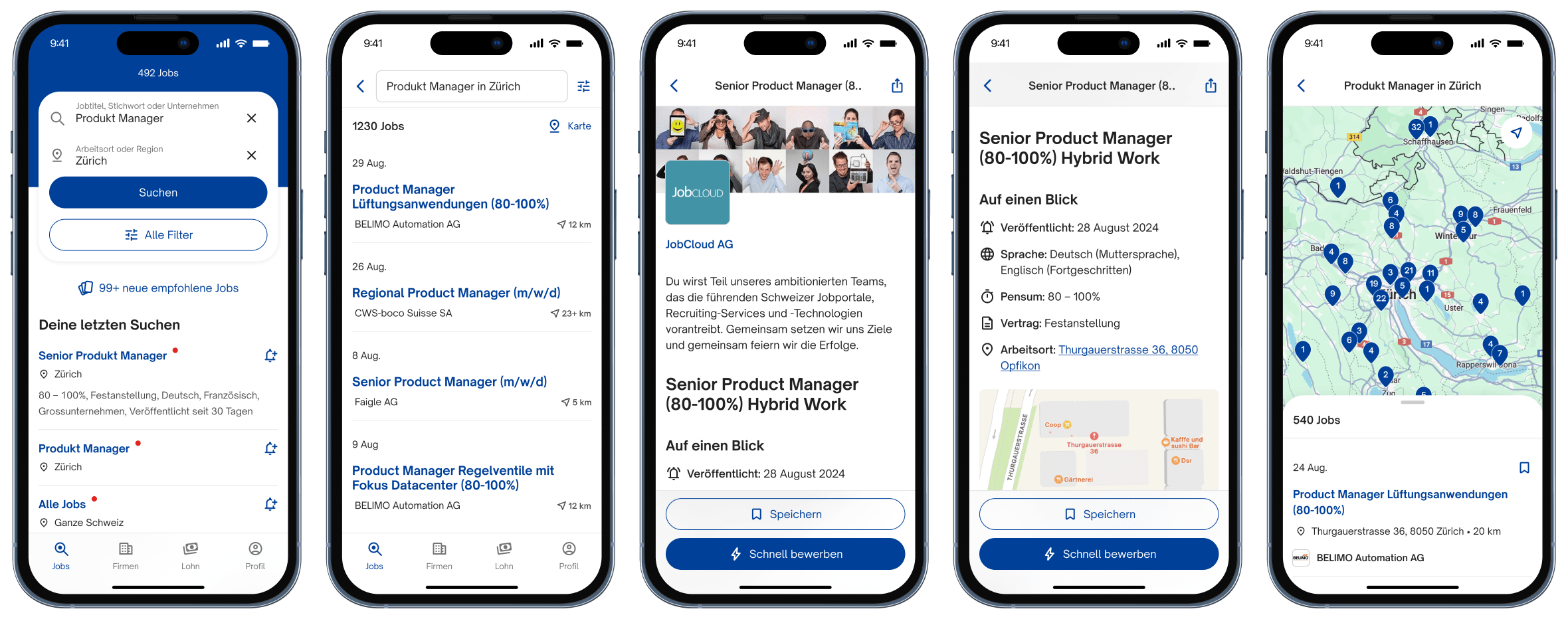 Screenshots from left to right: search by keyword, all corresponding jobs, individual job advertisements, search by location