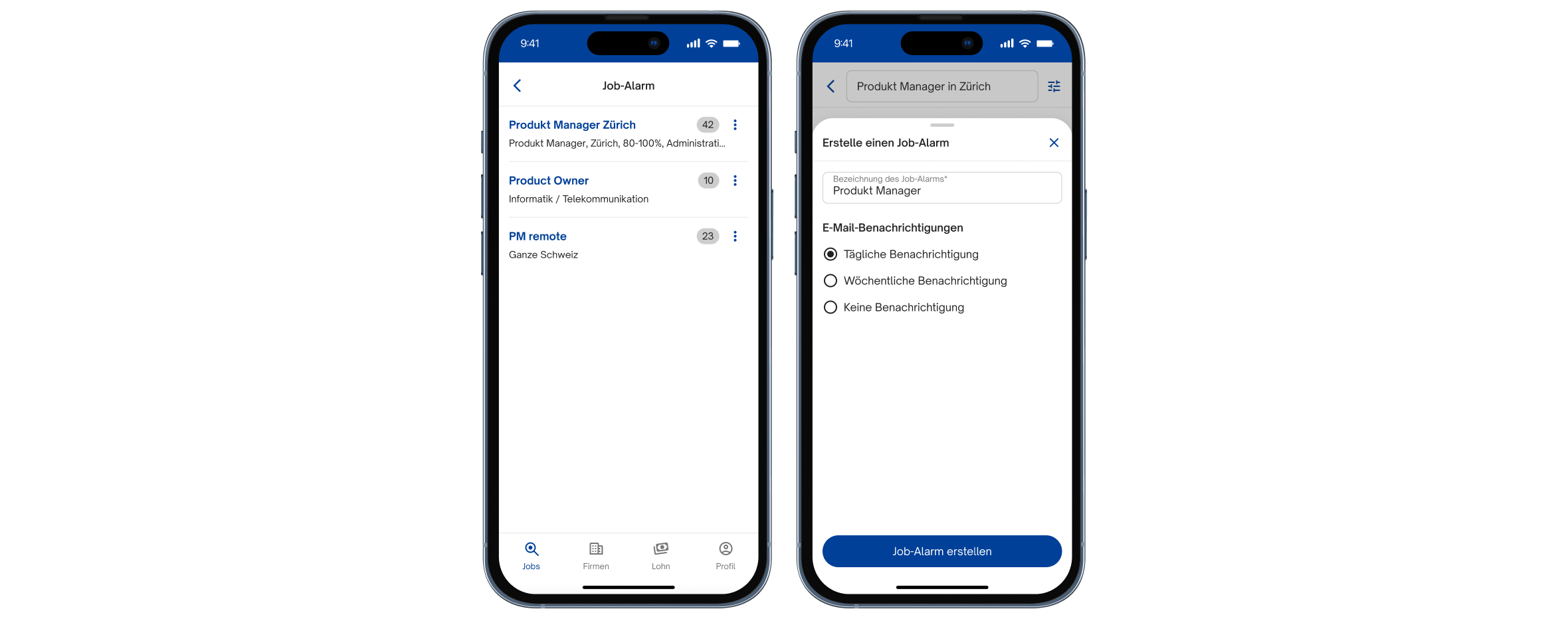Screenshots: Job alert setup: Job title; Frequency of alerts