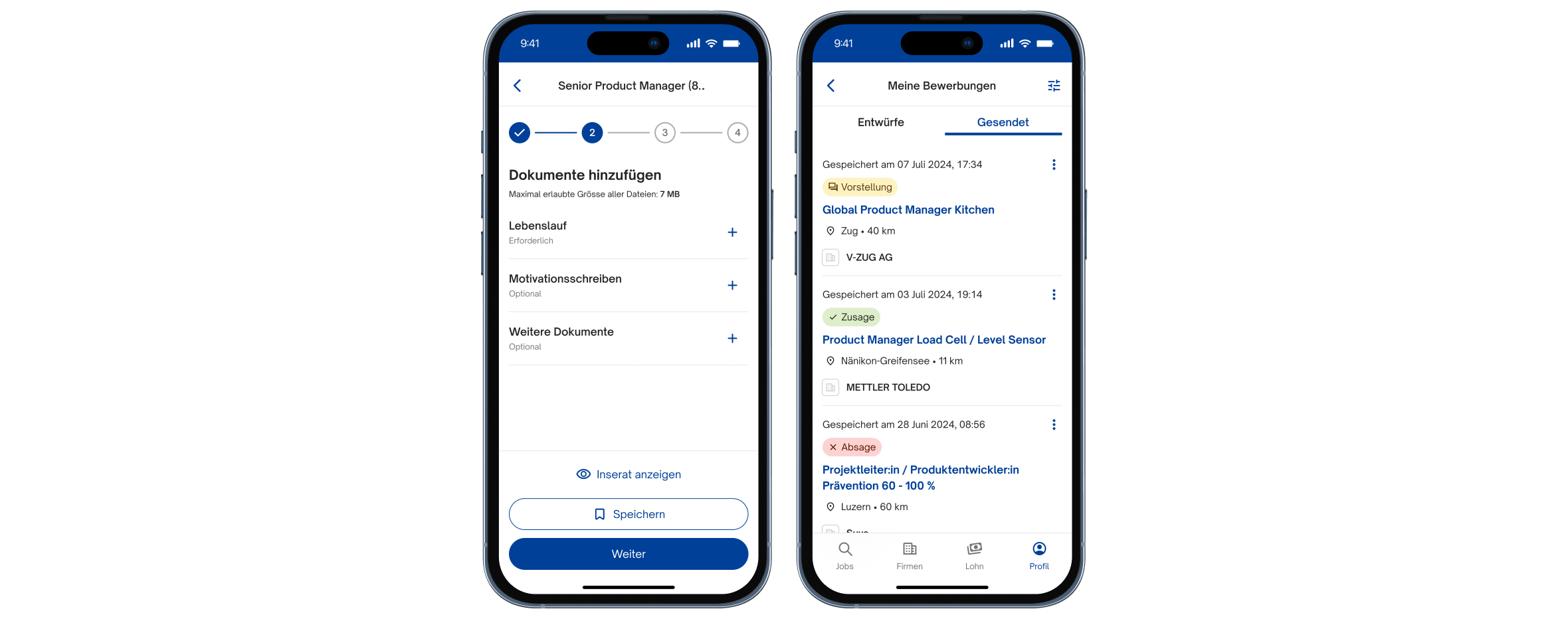 Screenshots: Deposit application documents; overview of the status of applications