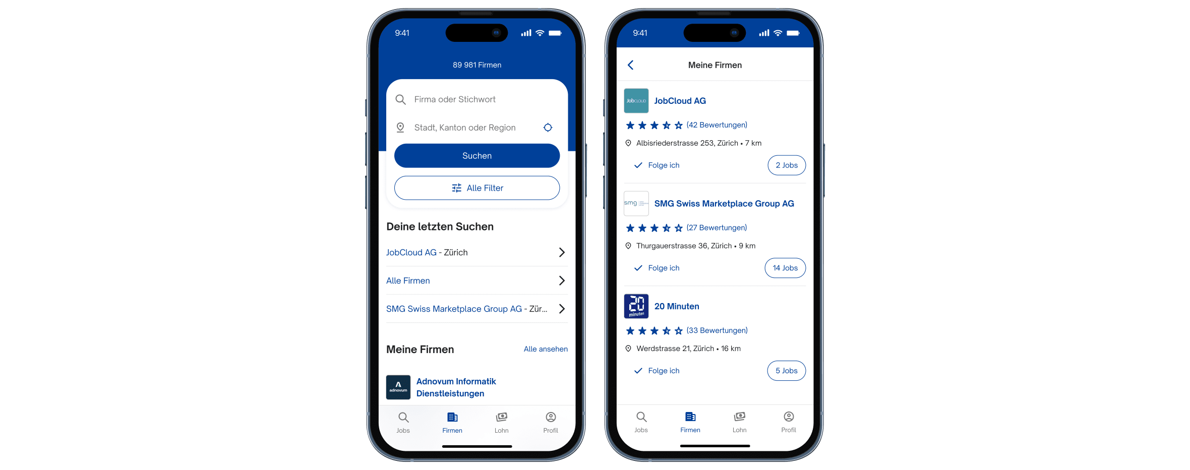 Screenshots: Set up company search; display saved companies