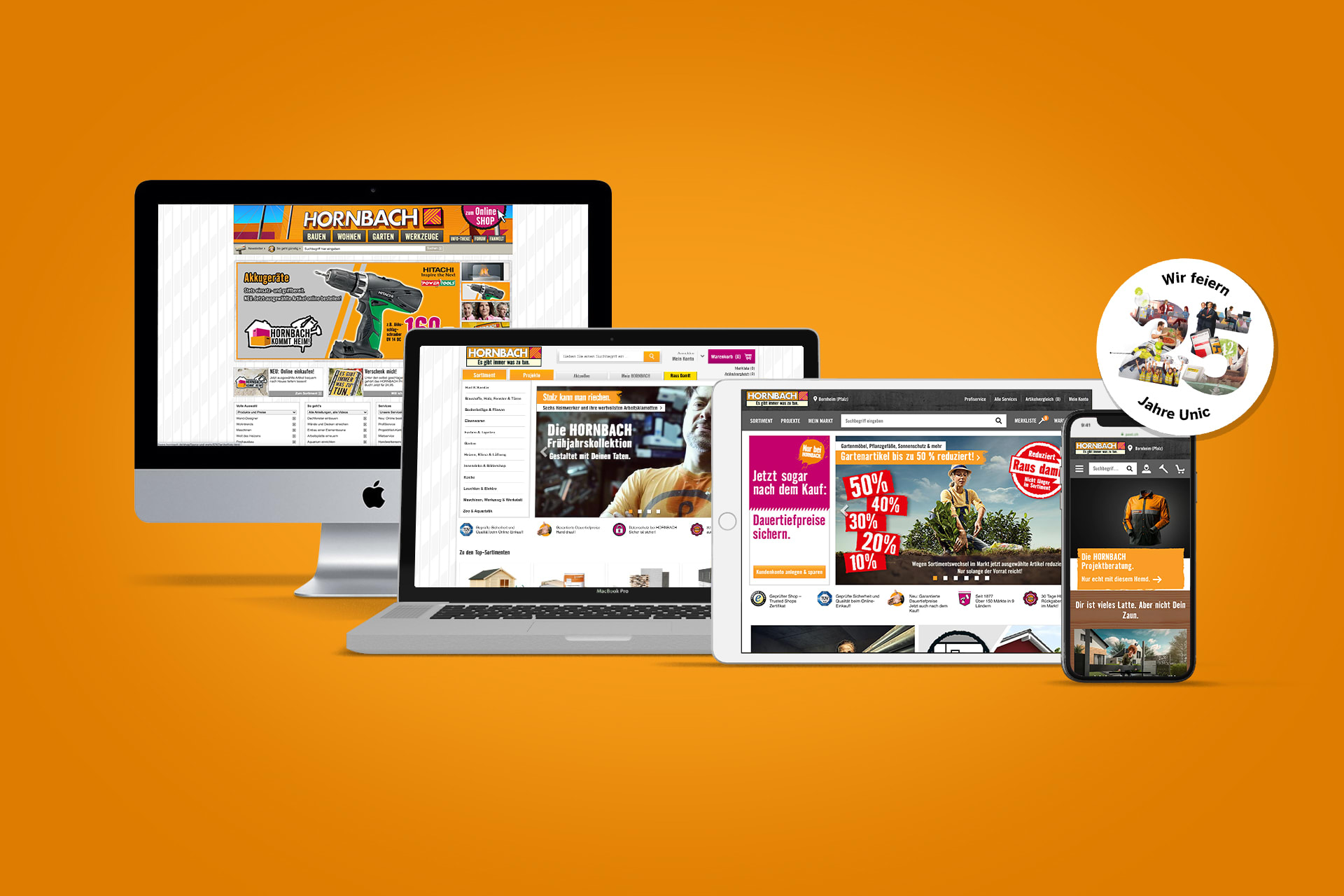 Different devices from desktop to responsive display, Hornbach's online presence shows with Batch: We celebrate 25 years of Unic.