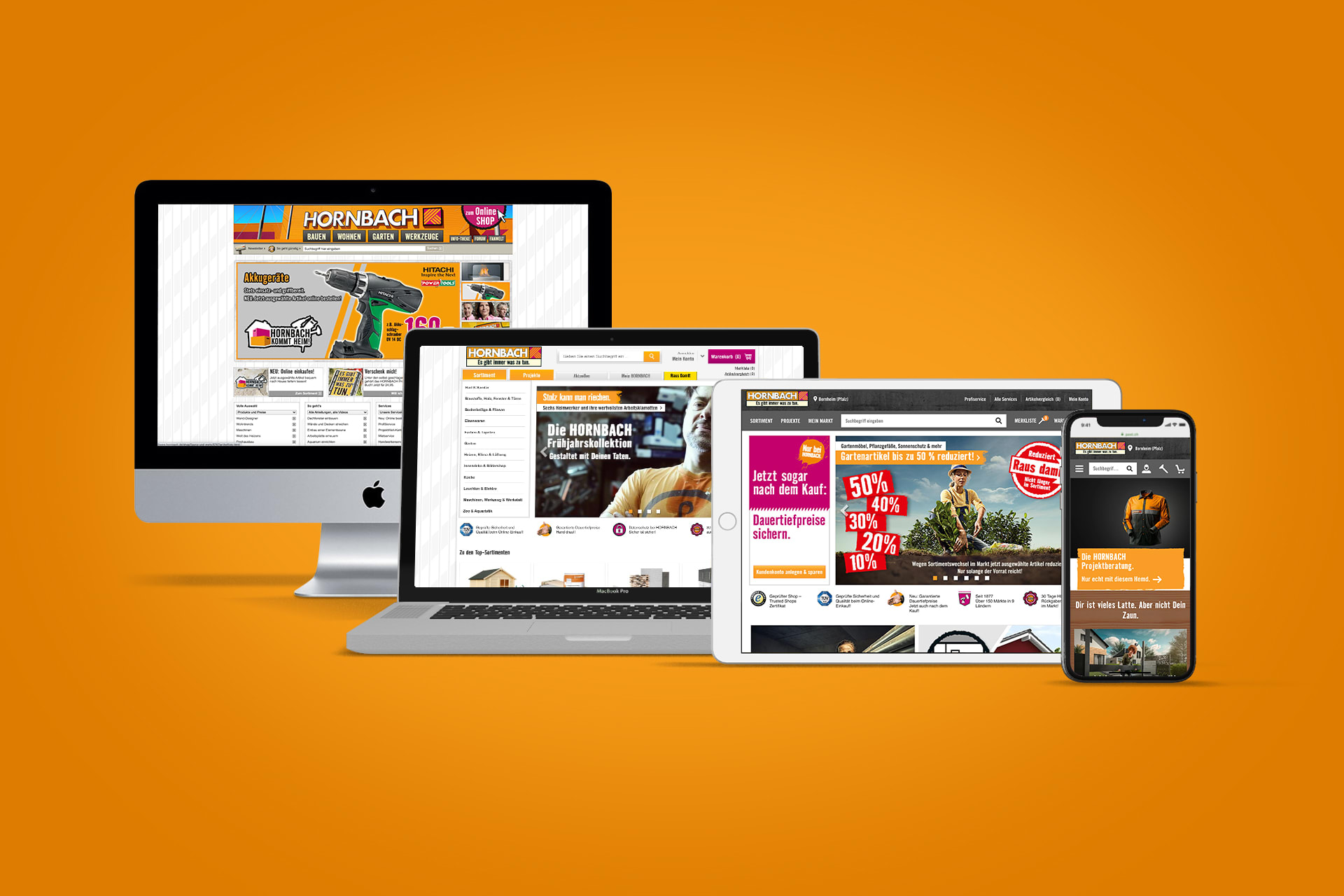 Different devices from desktop to responsive display, showing Hornbach's online presence.