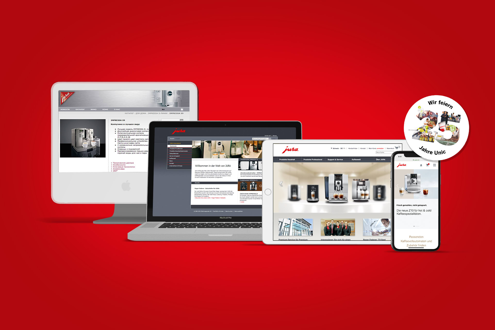 Different devices from desktop to responsive display, showing Jura's online presence.