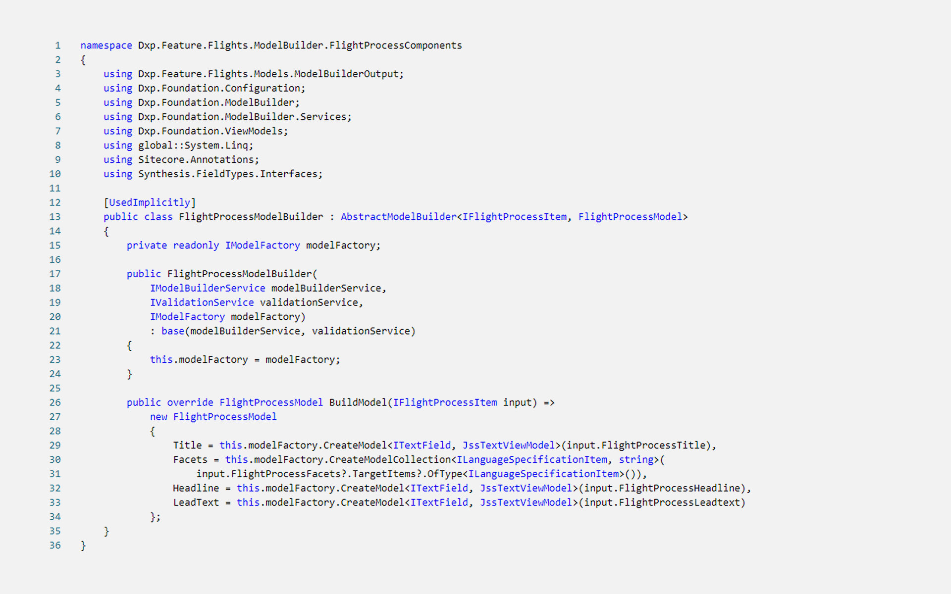 We see a code snippet with the following content: In the feature layer, we have our first model builder, which receives the synthesis representation of the interface template as input and maps it to a class that we call Carrier Model. The main purpose of this model is to transport the data to the project layer, where it is converted into the final ViewModel.