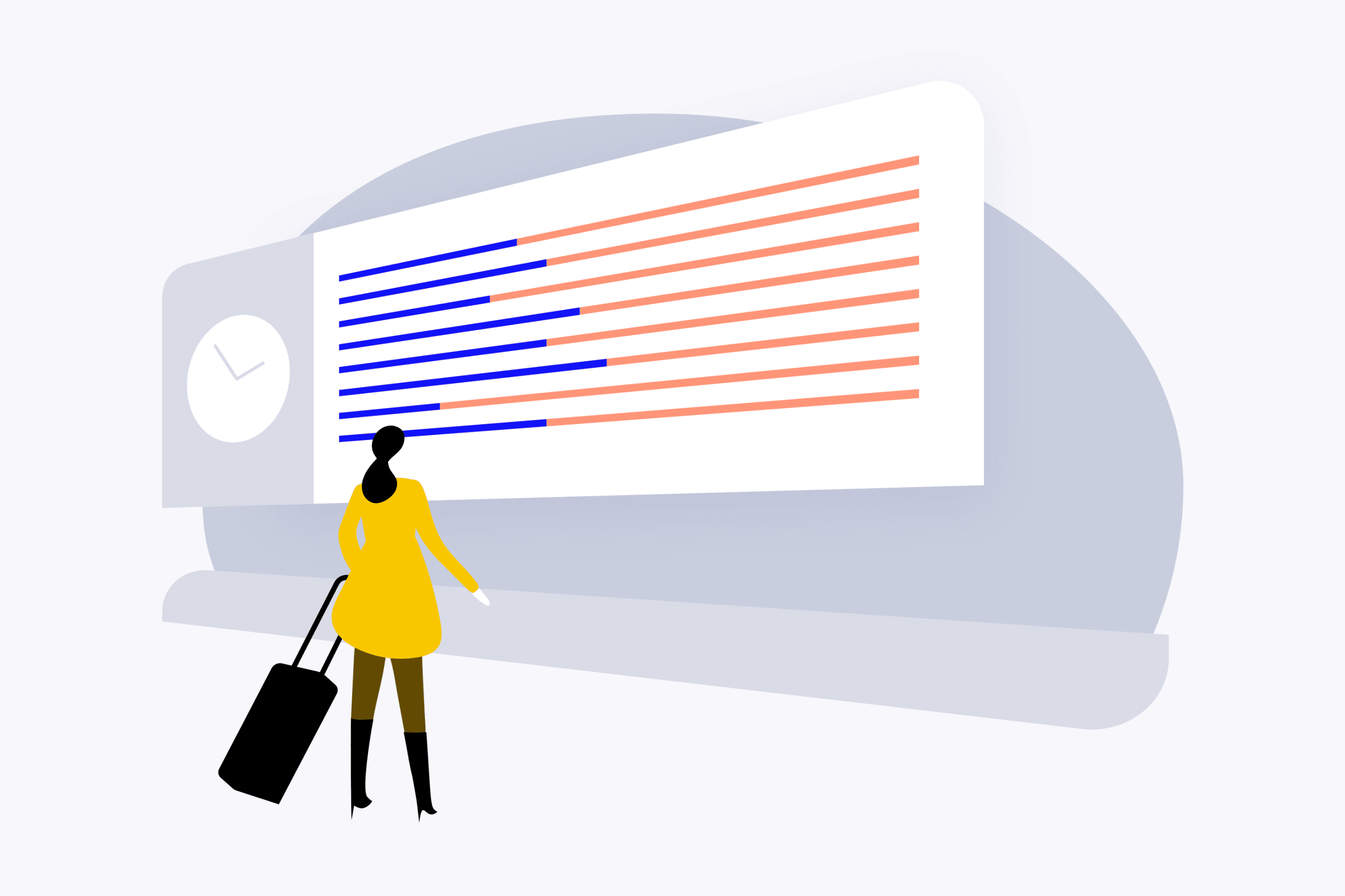 The picture shows a drawn woman with a trolley case standing in front of a display board. A clock is placed to the left of the board. The drawing depicts a situation at Zurich Airport.