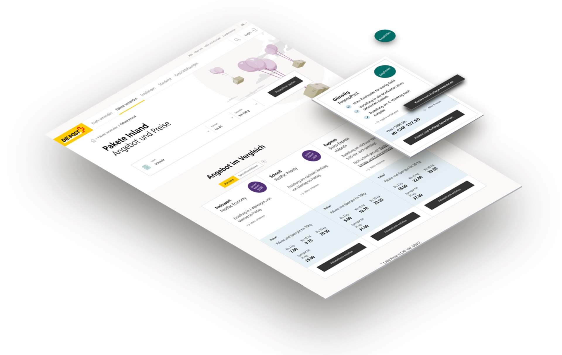 Das Bild zeigt den adaptiven Aufbau der Website Post CH. Zum einen ist eine Webseite mit Angeboten zu sehen, darüber formieren sich informationen, die deckungsgleich zu den auf der Website stehen. Ein einfacher Austausch der Informationen wird suggeriert.