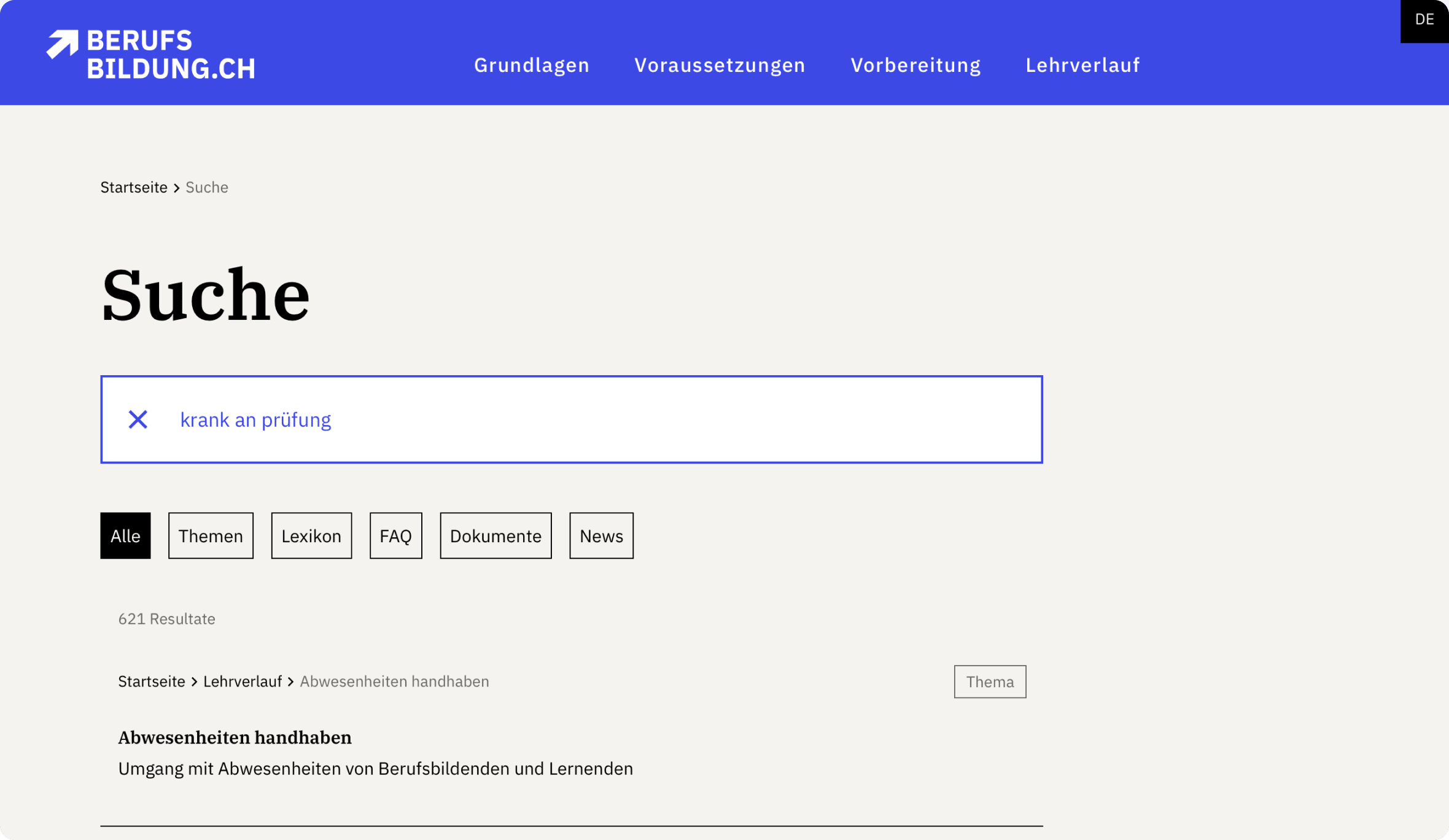 Screenshot der Suchmaske, mit Filter- und Themen-Wahl