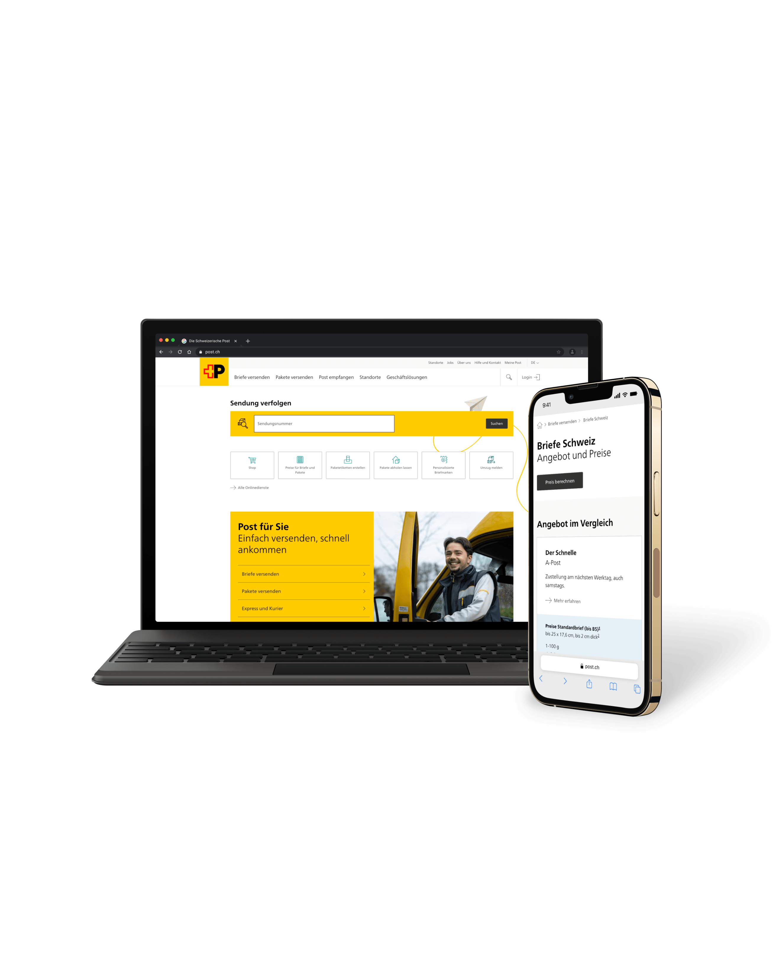 Zeigt die Post-Website auf unterschiedlichen Devices an mit der Seite "Sendung verfolgen" und "Angebote vergleichen"
