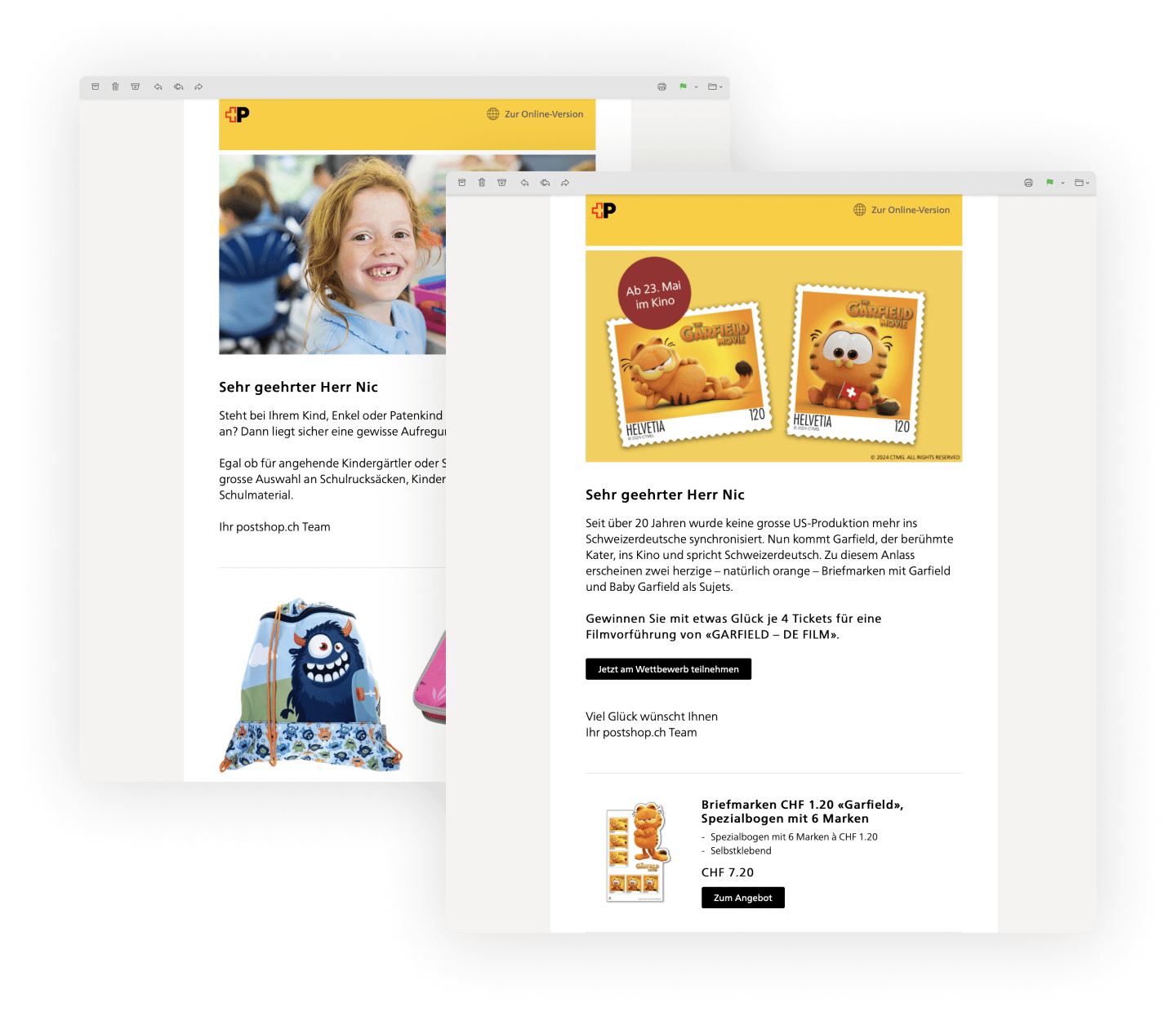 Two pictures showing different e-mails from the post office.