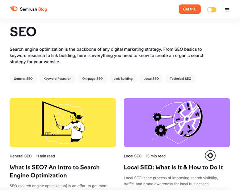 Overview page of Semrush, teaser to blog articles on various SEO topics, with useful filters