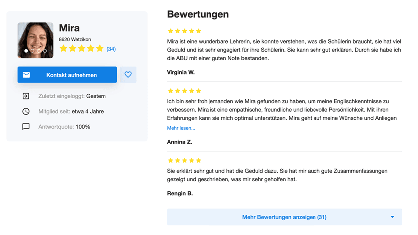 Three short text evaluations from pupils who have benefited from lessons with the teacher Mira.