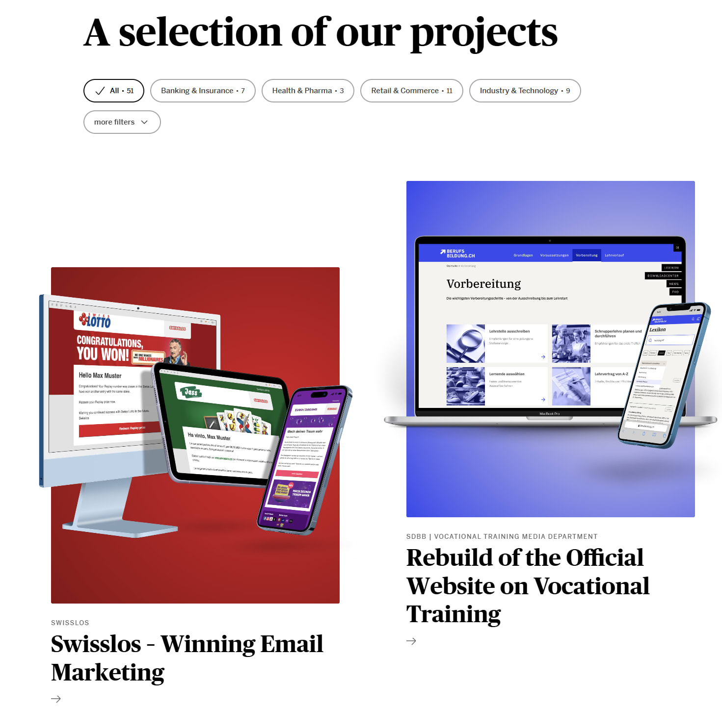 Overview page of Unic's projects, with various filter options