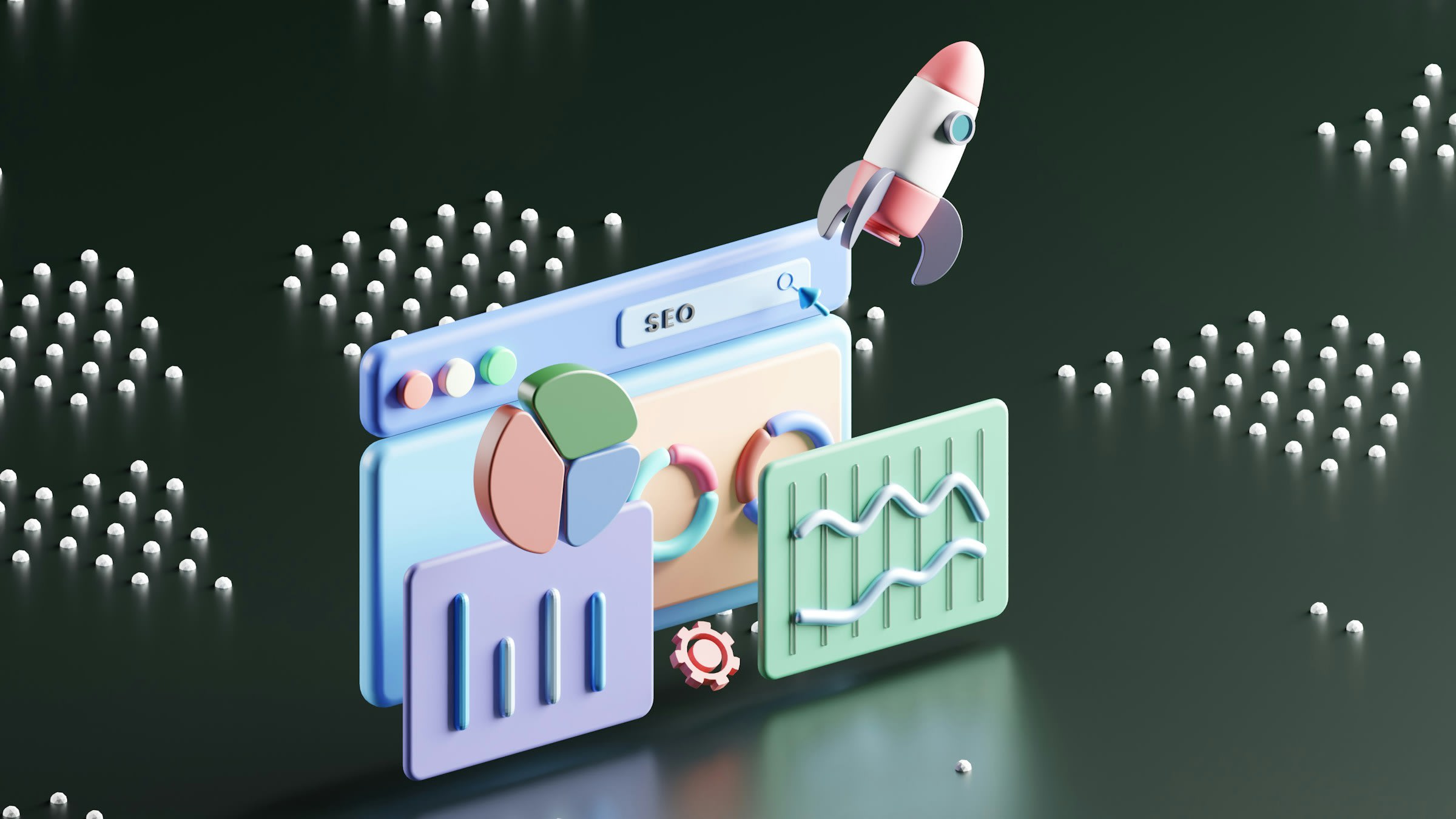 3D illustration of SEO tools, featuring a browser window with a search bar labeled 'SEO', a rocket launching from the top, and graphical elements such as pie charts, bar charts, and line graphs, set against a dark background with scattered dots.Photo by @growtika