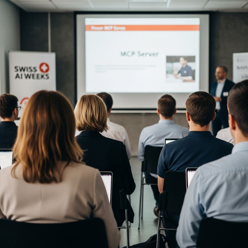 A man stands in front of a group and gives a presentation on a specific topic at the Swiss AI Weeks event.
