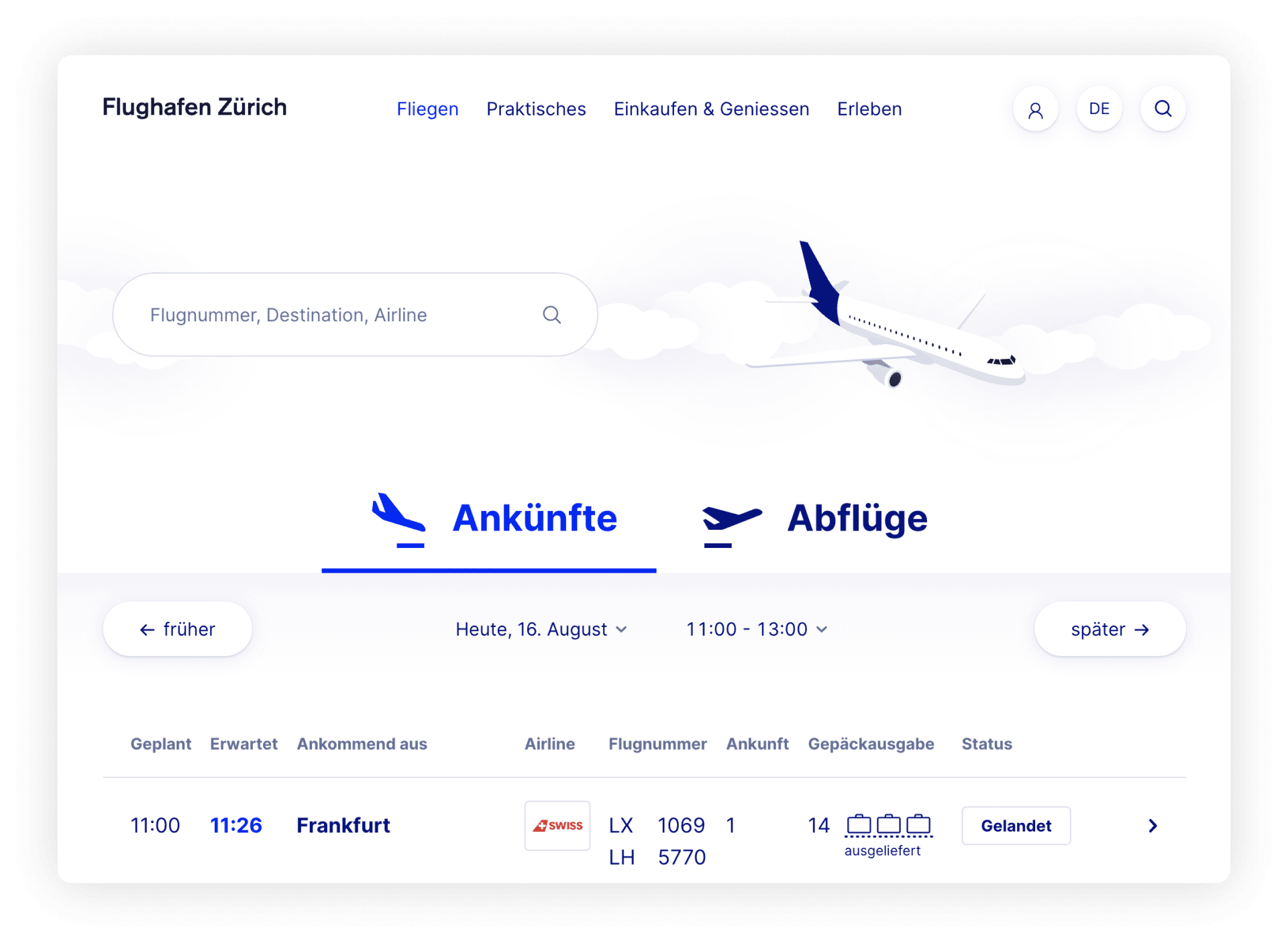 Screenshot Flight list on https://www.flughafen-zuerich.ch/en/passengers/fly/flightinformation/arrivals