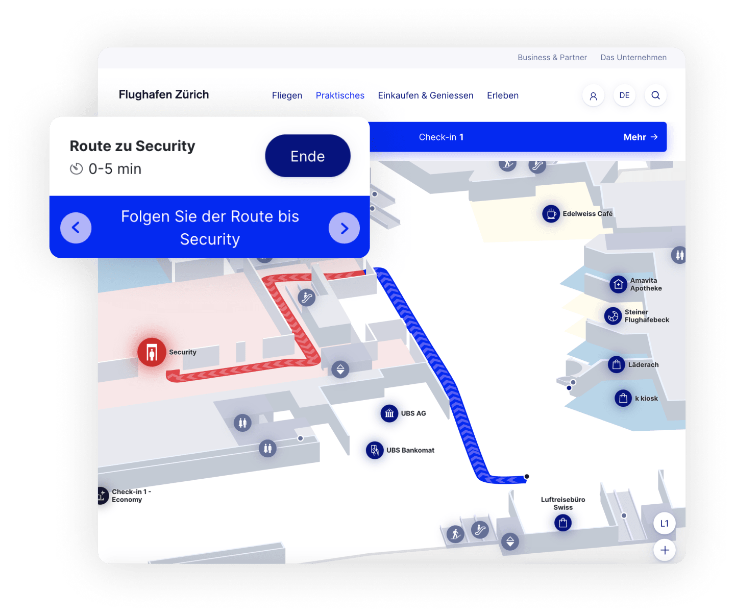 Screenshot Map with route from to a defined POI https://www.flughafen-zuerich.ch/en/passengers/practical/guidance/interactive-map