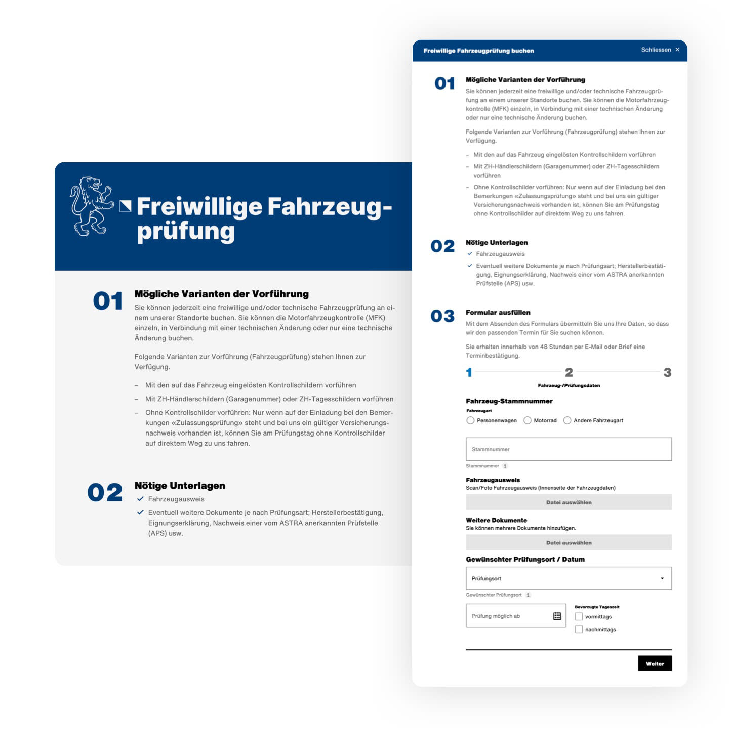 Screenshot Book voluntary car inspection https://www.zh.ch/de/mobilitaet/fahrzeuge-kontrollschilder/fahrzeugpruefungen.html#-538763814