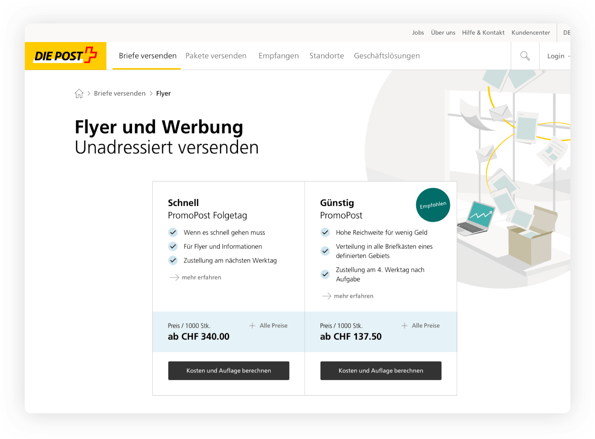 Screenshot von https://www.post.ch/de/briefe-versenden/flyer/promopost