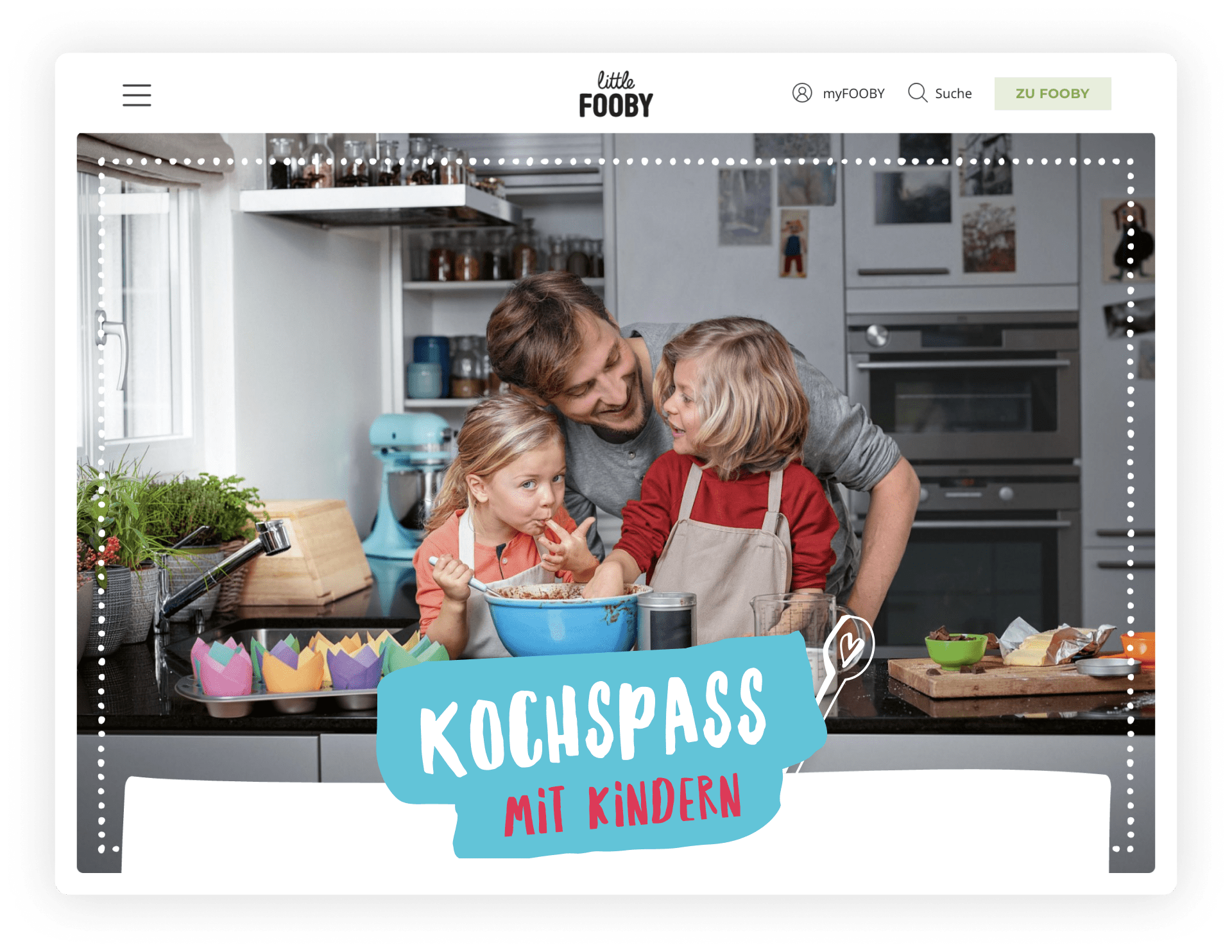 The picture shows a dad with two children, all baking in the kitchen and having great fun.