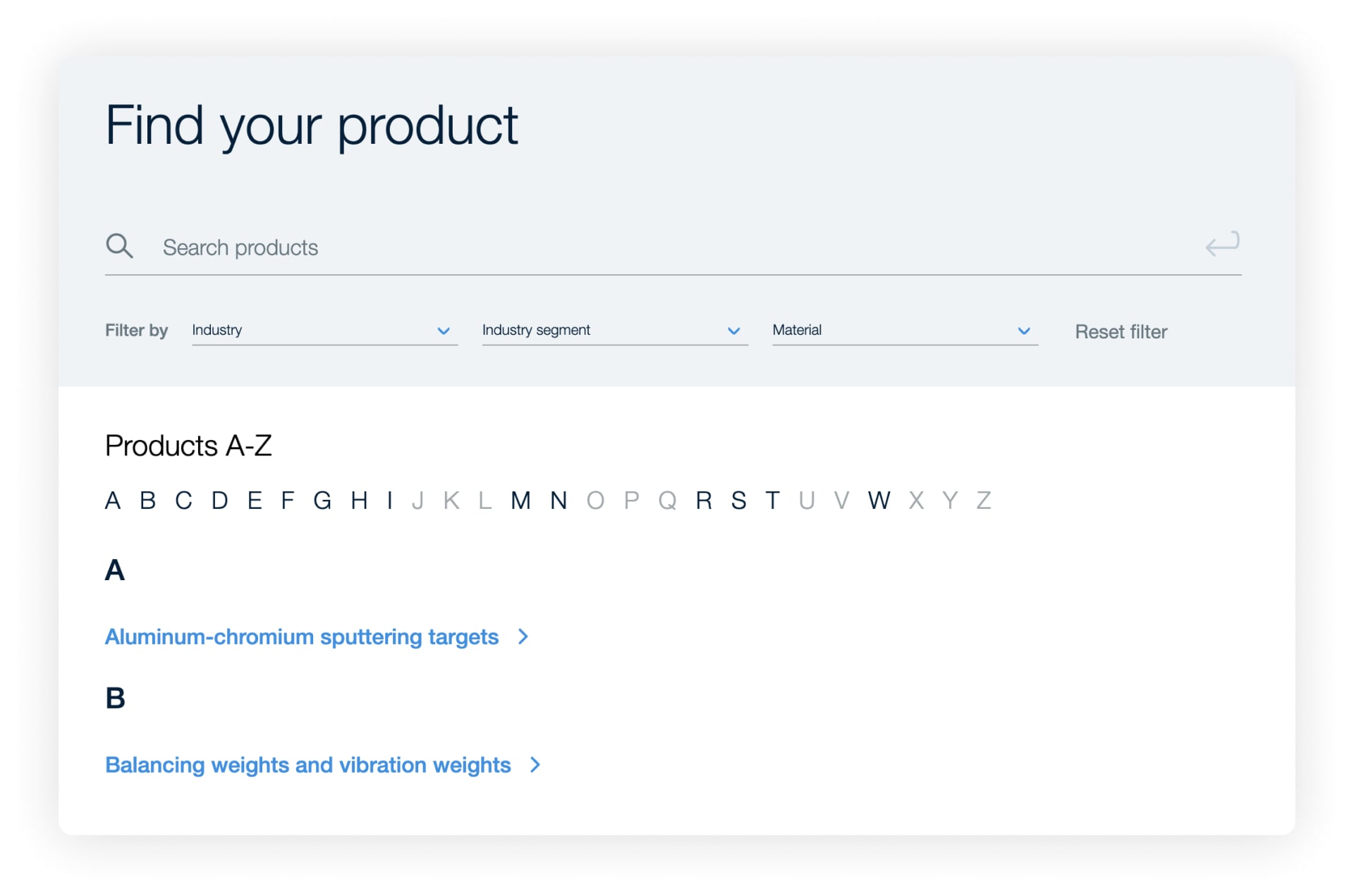 Screenshot product finder on www.plansee.com