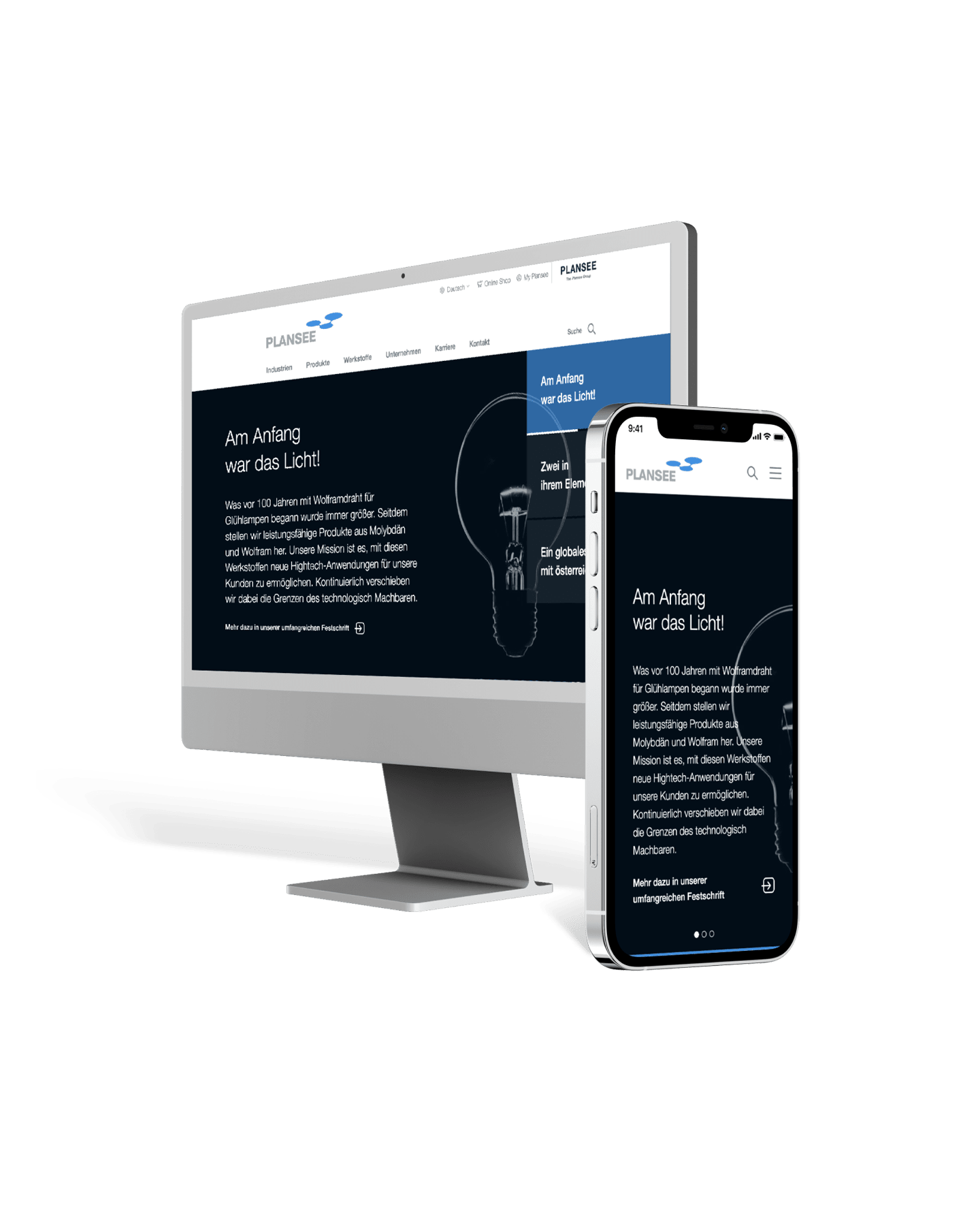 Screenshot Mobiltelefon und Computer mit www.plansee.com geöffnet