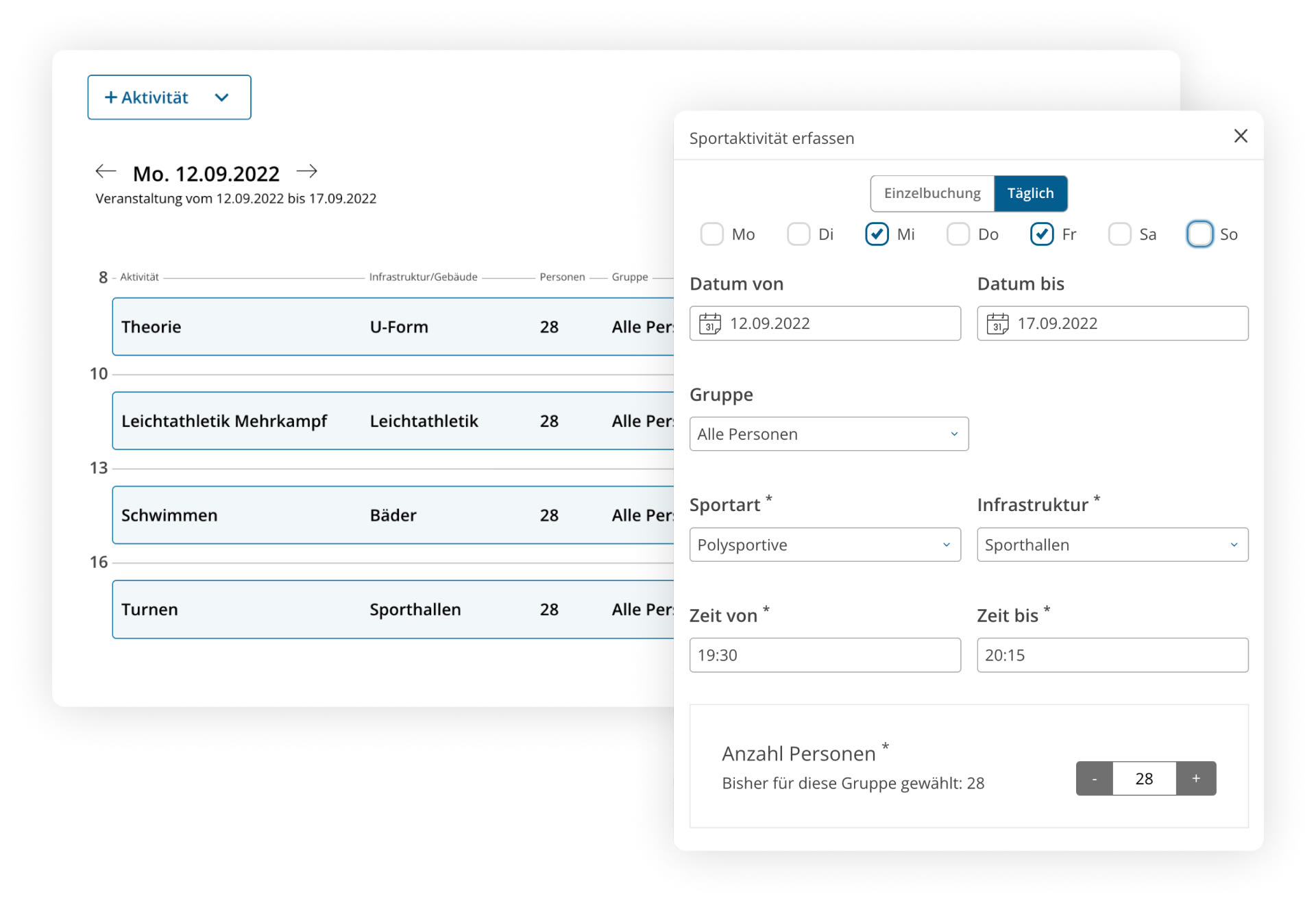 Screenshot overview and creation of sports programme