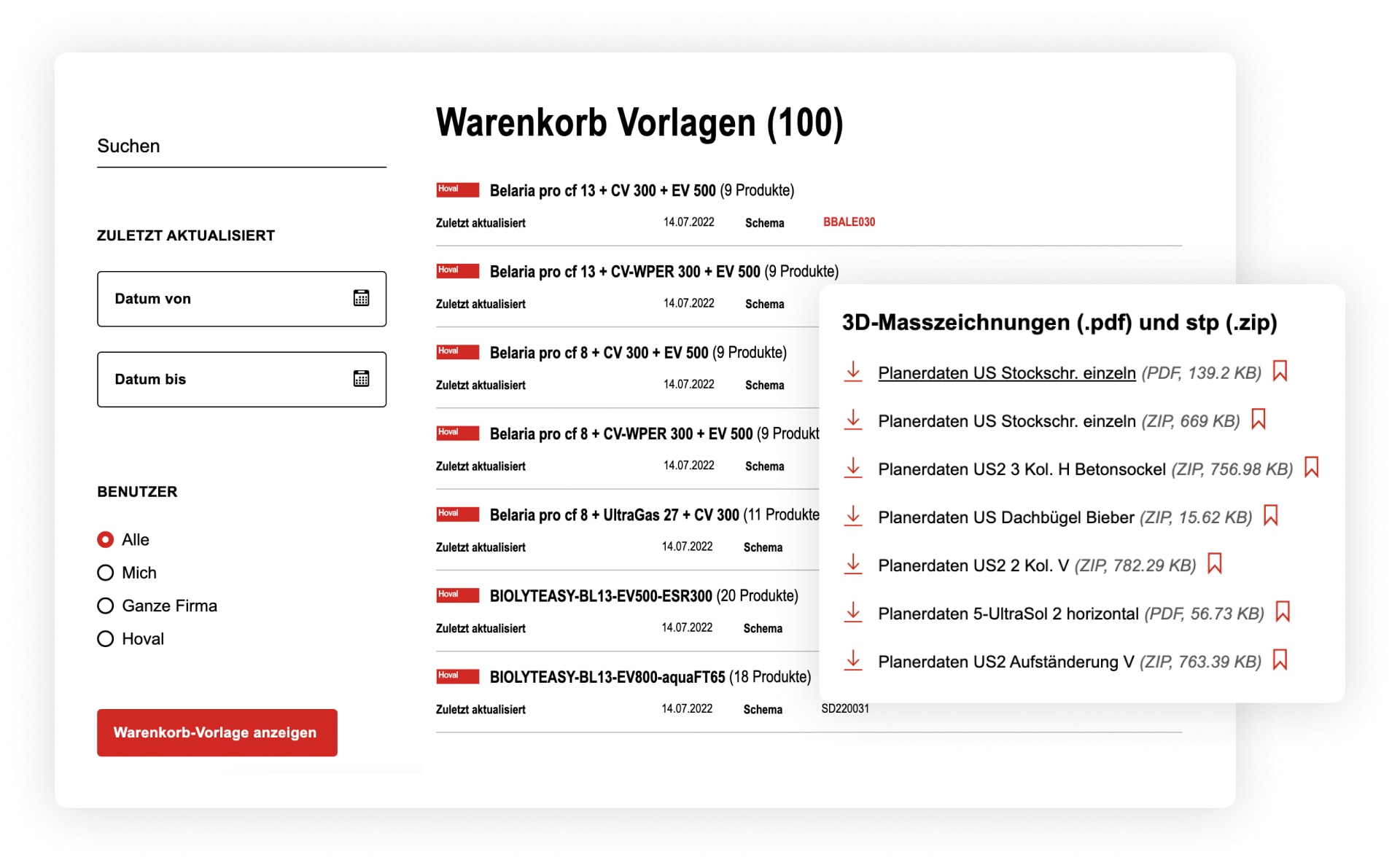 Screenshot Download von Masszeichnungen