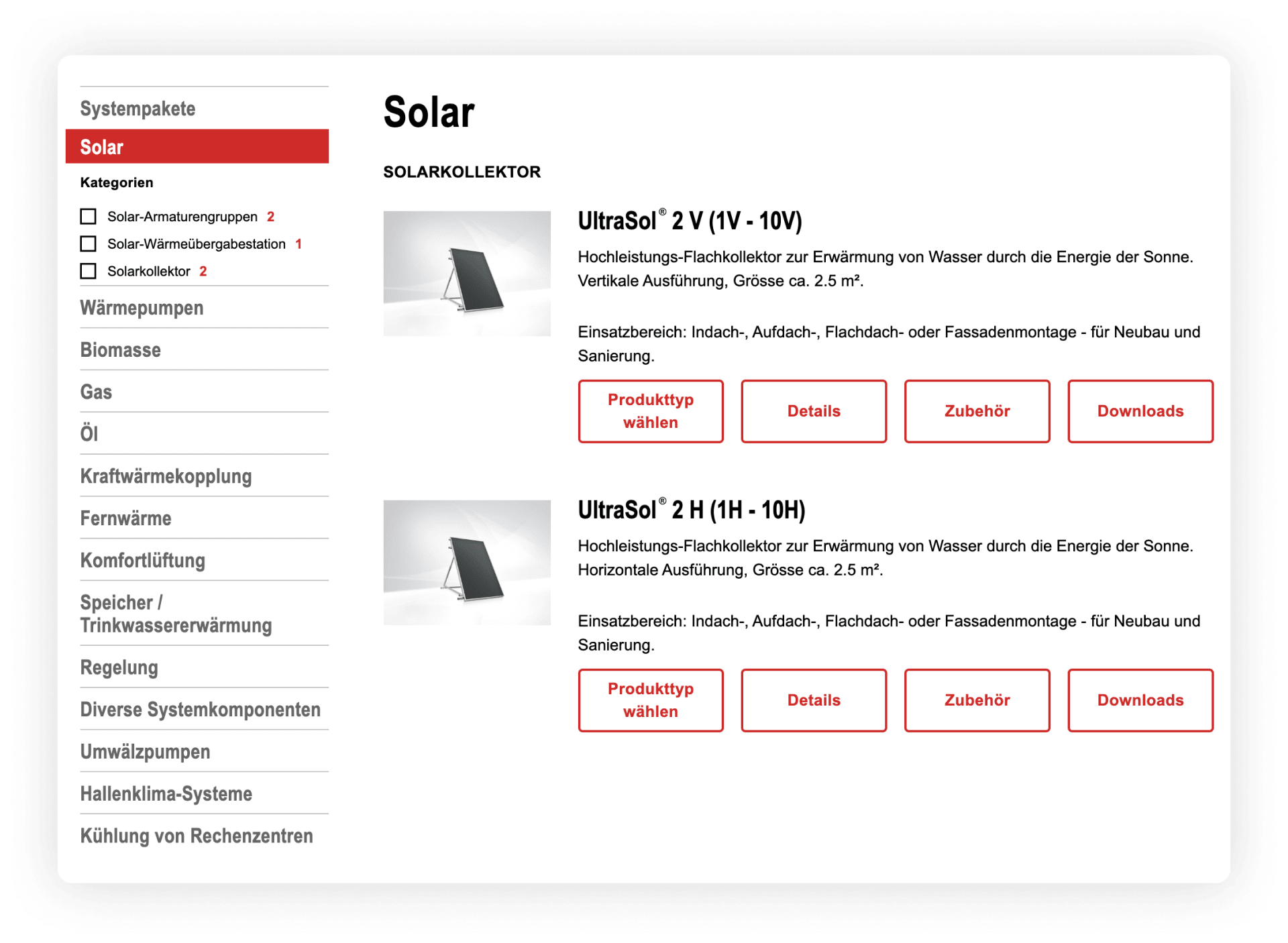 Screenshot product finder https://www.hoval.ch/de_CH/Heiztechnik/Solar/c/G_solar