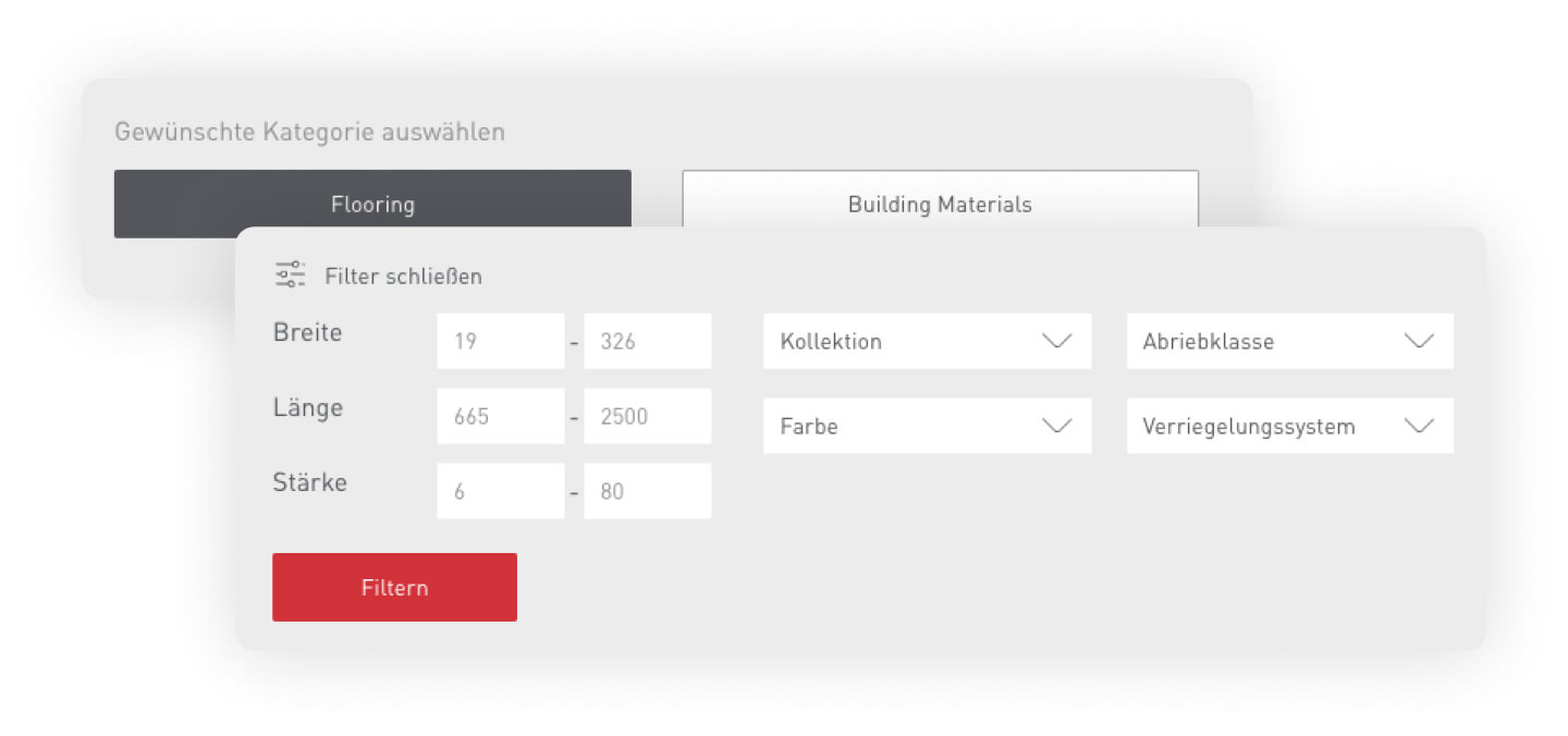 Screenshot zeigt einige der möglichen Filter für Bodenbeläge: Kategorie, Länge, Breite, Stärke