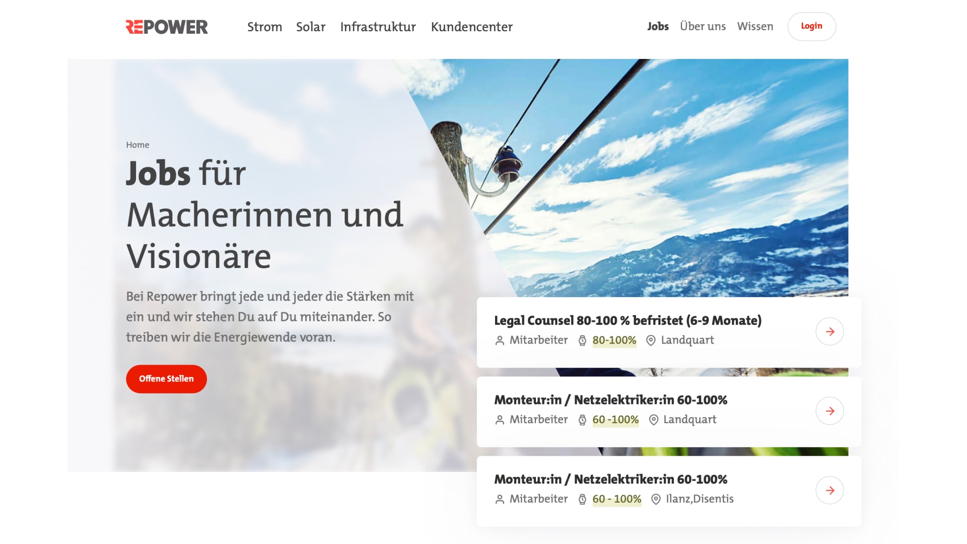Home page career pages, title: ‘Jobs for Go-getters and Visionaries’. Teaser and link to vacancies.