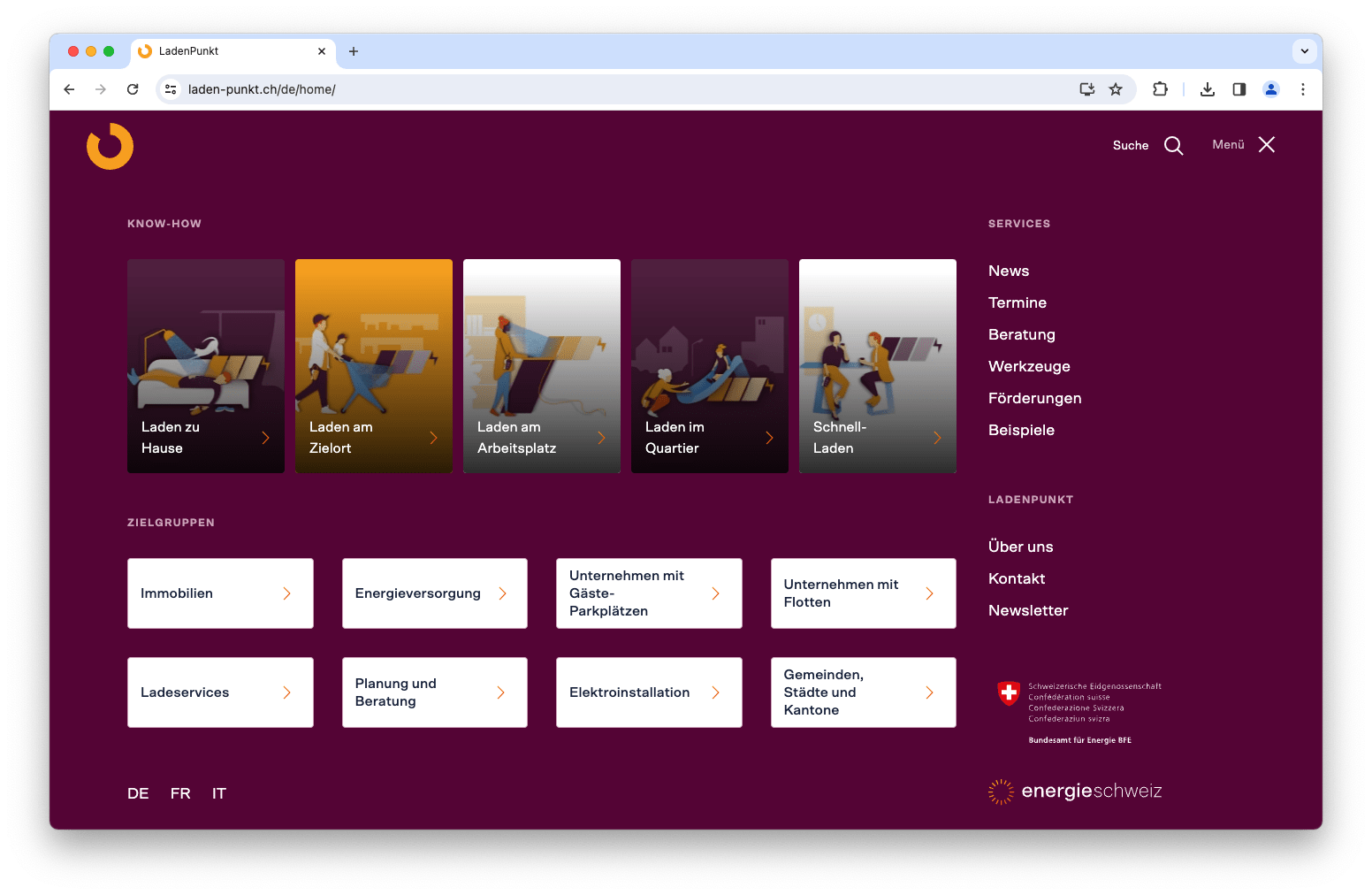 Home-Bildschirm von LadenPunkt mit den unterschiedlichen Services