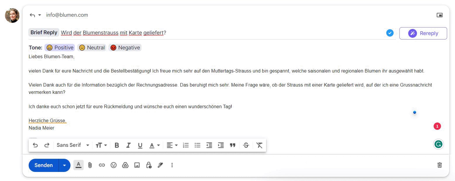 Screenshot mit einem von Chatsonic generierten, unbearbeiteten Textbaustein. Das Ganze ähnelt einer Browser-E-Mail.