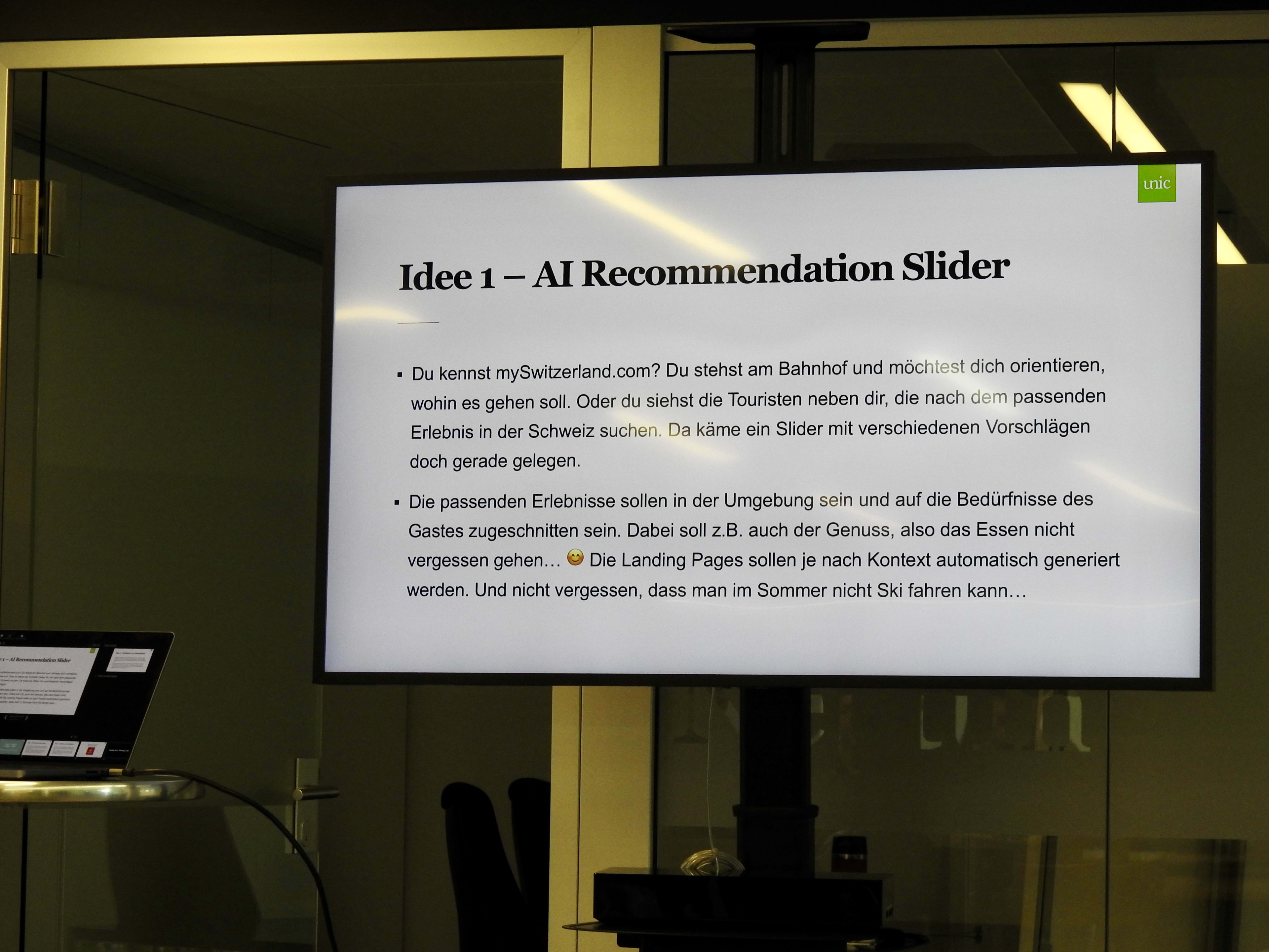 Screenshot Startidee 1 für den AI-Hackathon: Recommendation Slider für standortabhängige Empfehlungen