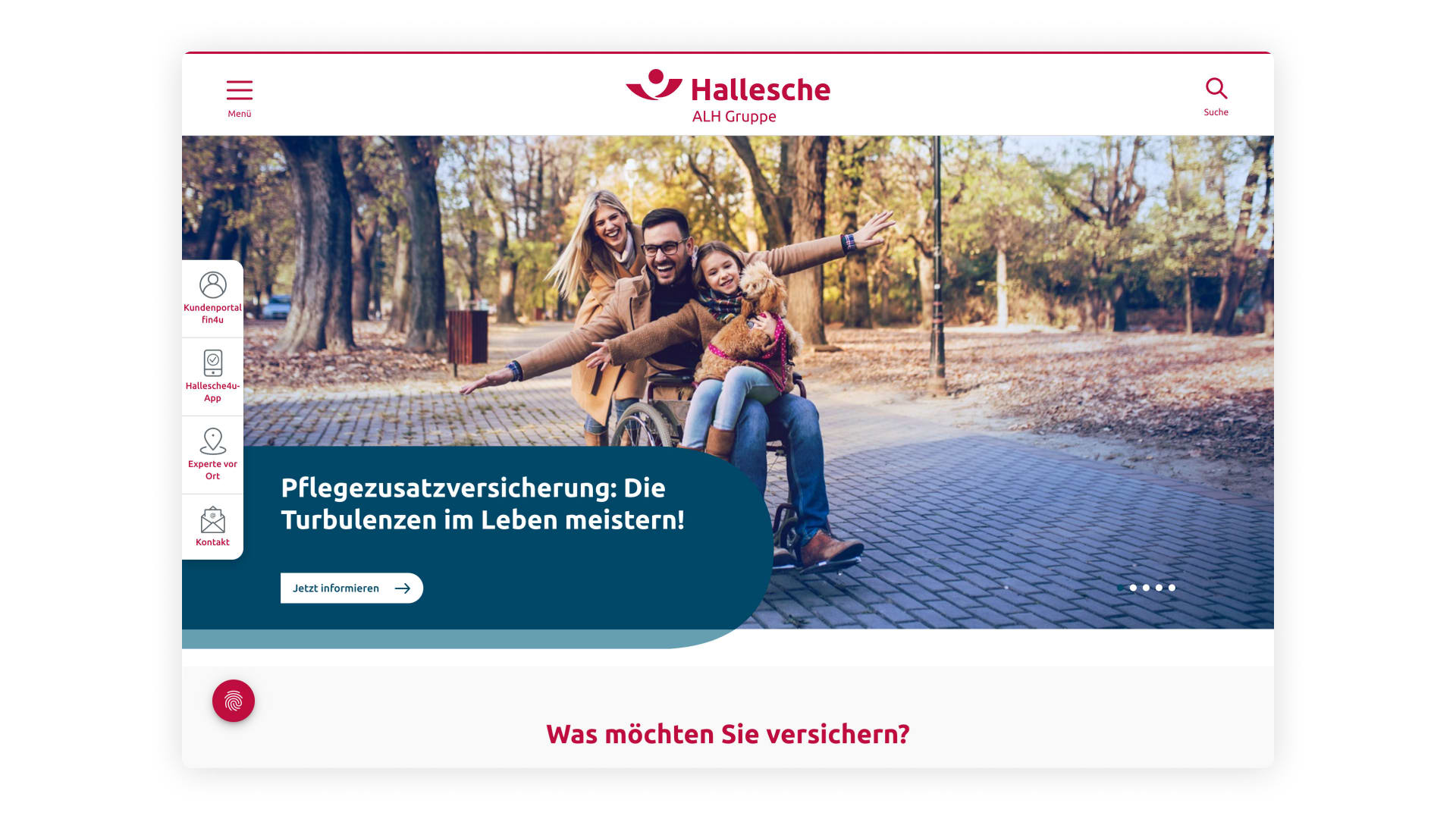 Das Bild zeigt einen Teil der Website der Hallesche ALH Gruppe. Der Teil bewirbt mit einem Rollstuhlfahrer samt dessen Familie die Pflegezusatzversicherung.