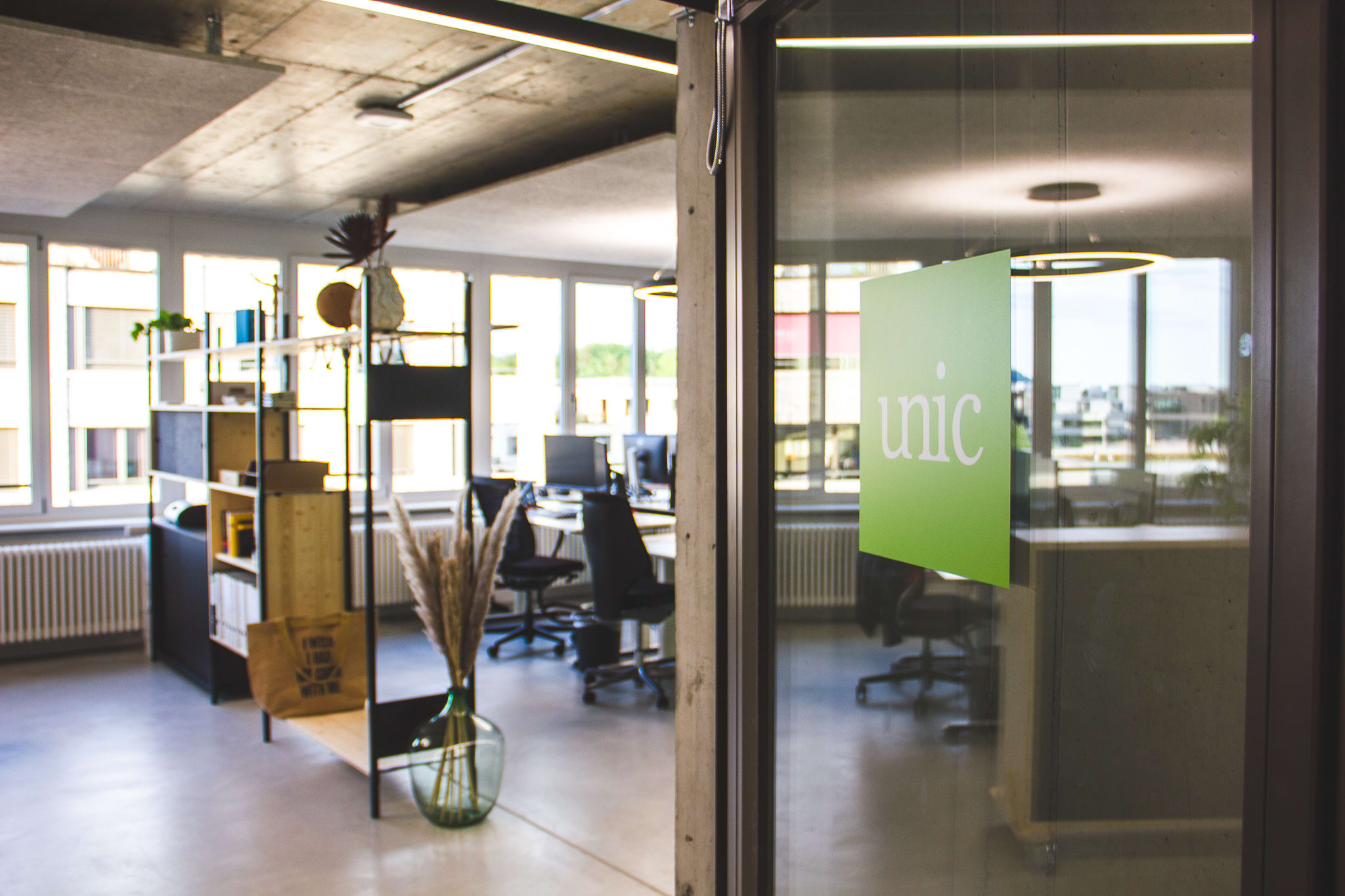 Access to the office: In the background you can still recognise individual workstations including a shelving unit that divides the room.