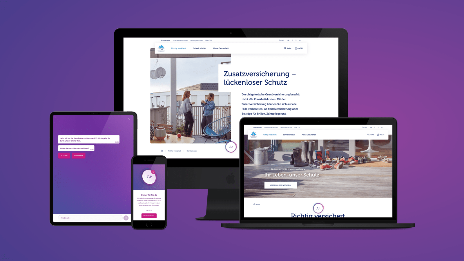 Das Bild ist ein Teaser-Bild, es zeigt die Website der CSS Krankenkasse auf dem Desktop-Bildschirm, auf dem Notebook sowie auf dem Tablet.