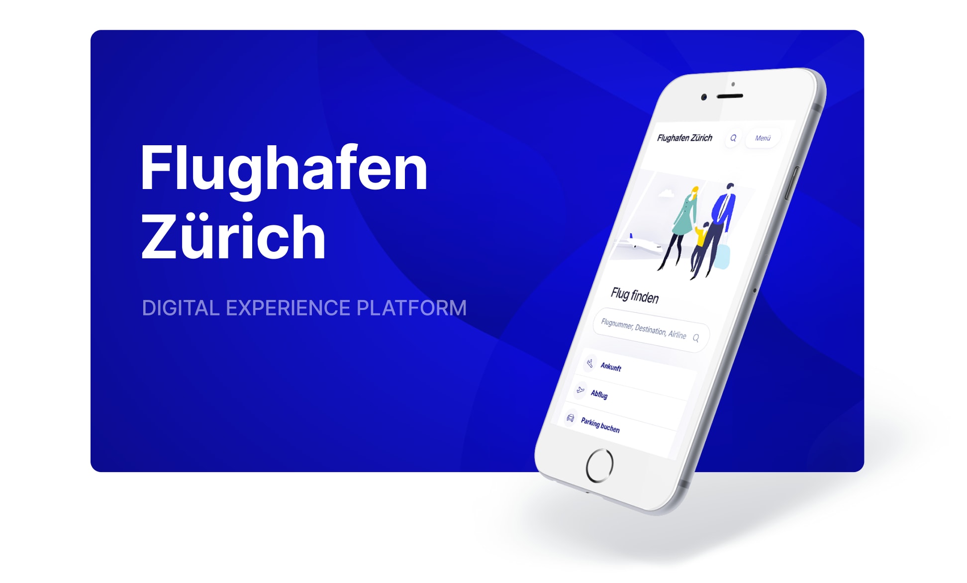 Das Bild zeigt ein Teaser-Bild mit einem Smartphone-Display. Das Display zeigt die mobile Website-Ansicht des Flughafens Zürich, um die Suche nach einem Flug zu starten.