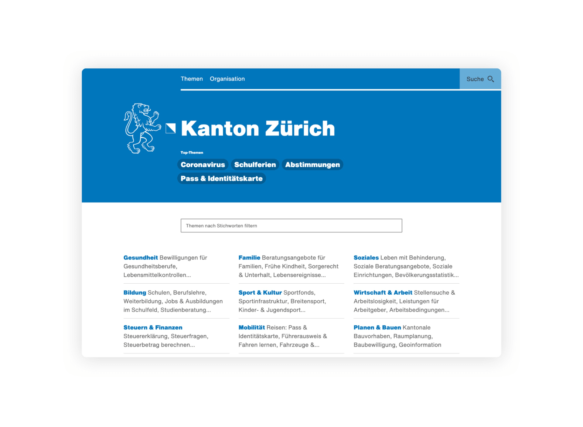 Bild zeigt die Seite des Kantons Zürich. Zu erkennen ist zum einen die Eingabemaske der thematischen Suche sowie darunter einzelne Themenfelder.
