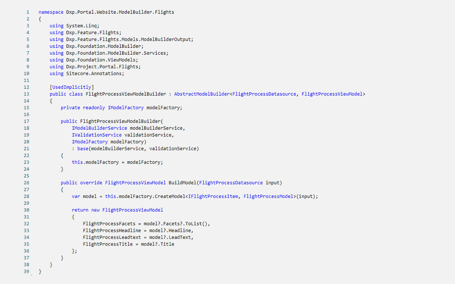 Wir sehen eon Code-Snippet mit folgendem Inhalt: In dem einfachen Beispiel des Flight Process würde nur das Carrier Model erstellt und dem ViewModel zugeordnet. Wenn das ViewModel Daten aus verschiedenen Features brauchen sollte, würde das auf dieser Ebene geschehen.