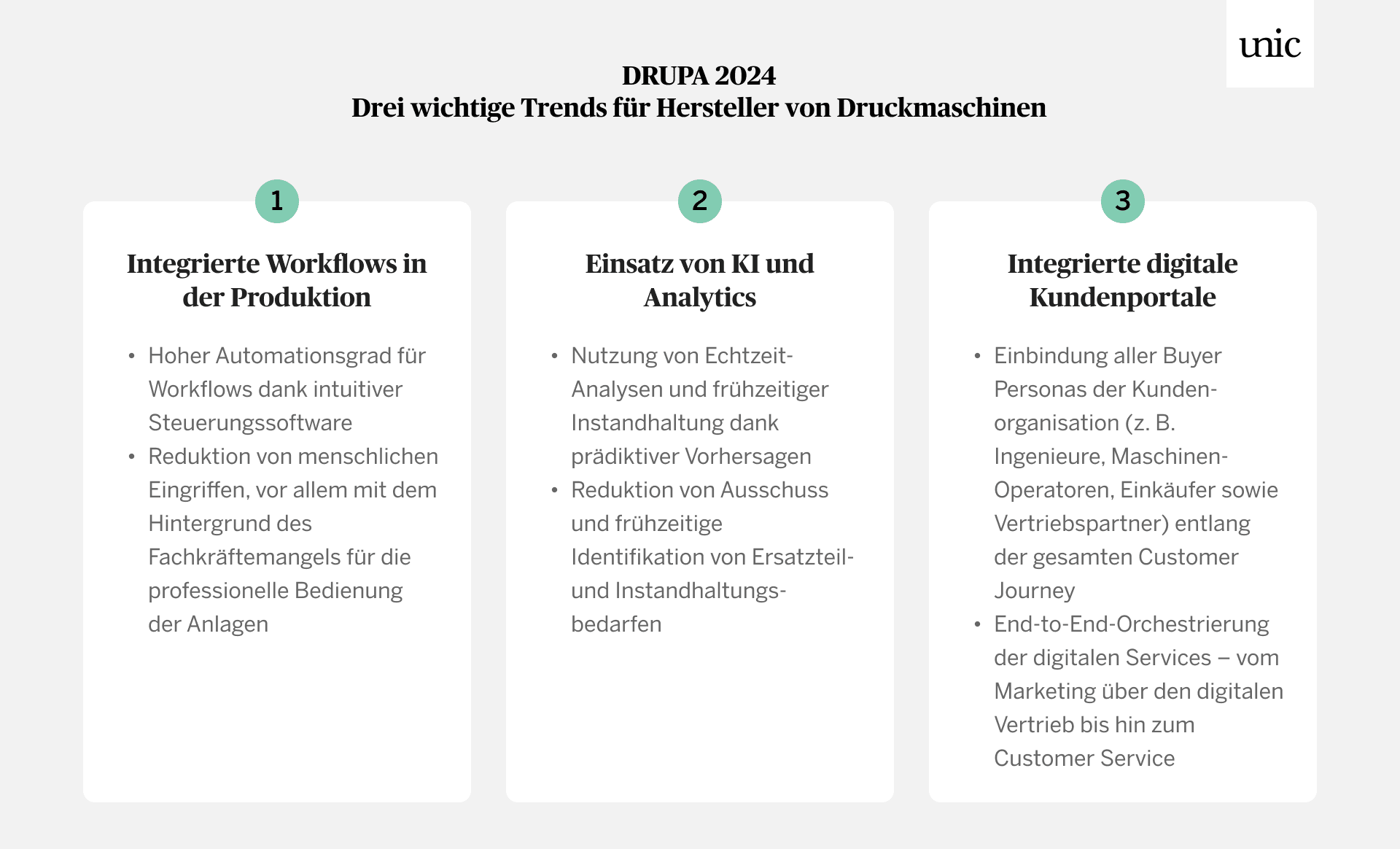 Die drei wichtigsten Trends für Hersteller von Druckmaschinen - Workflow-Automatisierung, KI und Analytics sowie Kundenportale - in Tabellenform.