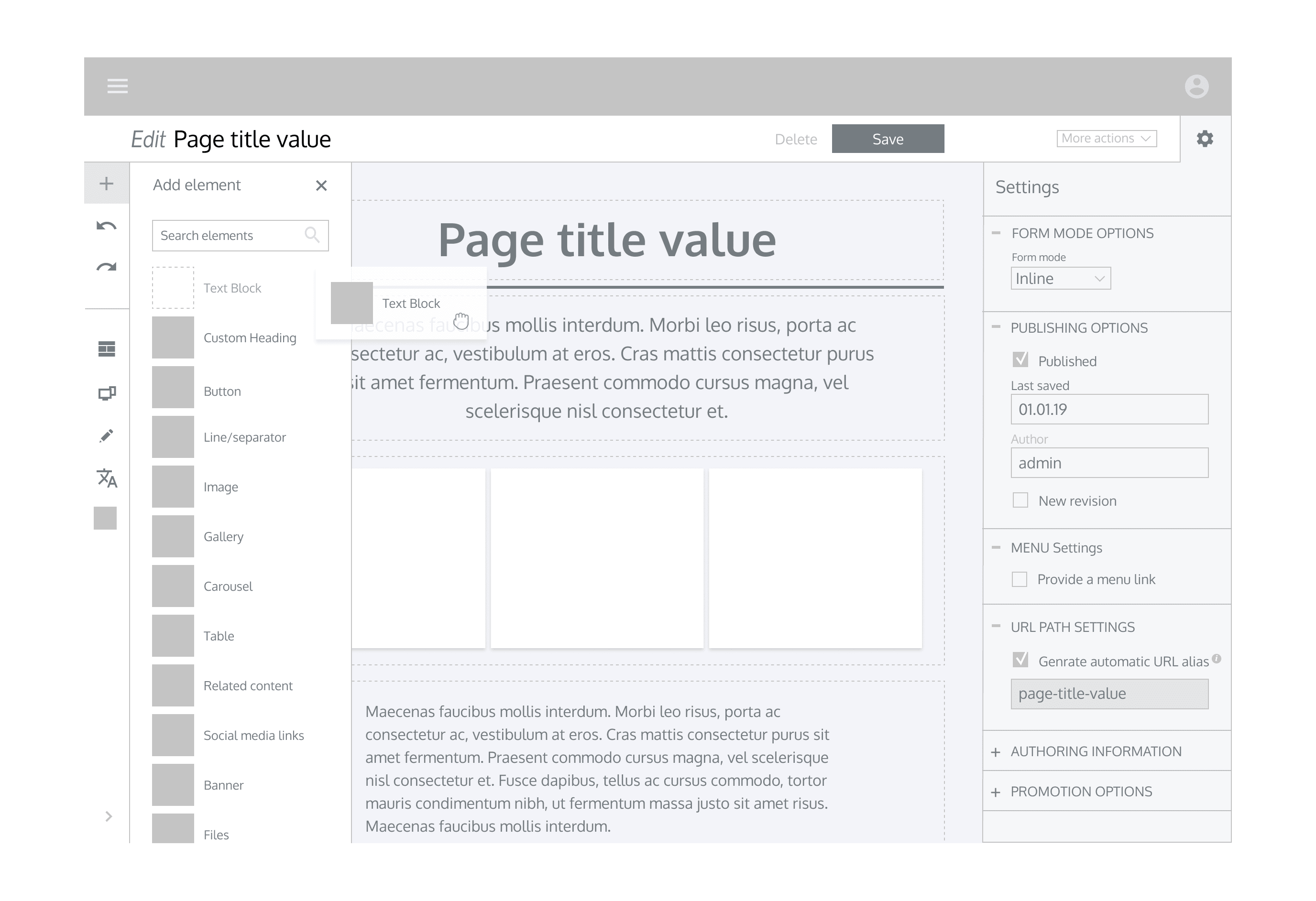 Abbildung 2: Ein Wireframe des neues Admin UI, welches zur Zeit getestet wird.