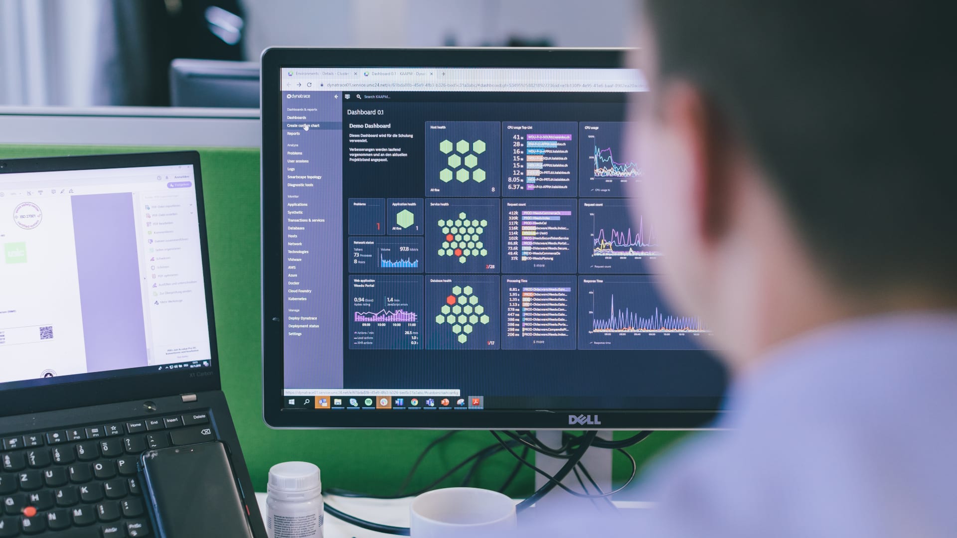 The image shows a screen on which the Dynatrace software intelligence platform is running. Individual graphs and scales can be recognised.