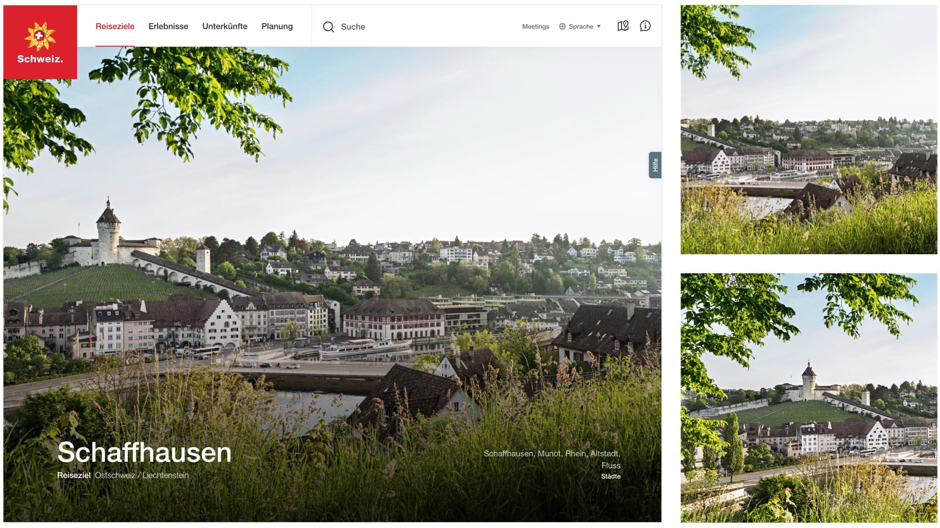 Das Bild zeigt die Website von Schweiz Tourismus; im Detail drei einzelne Bilder von Schaffhausen mit Blick auf den Rhein.