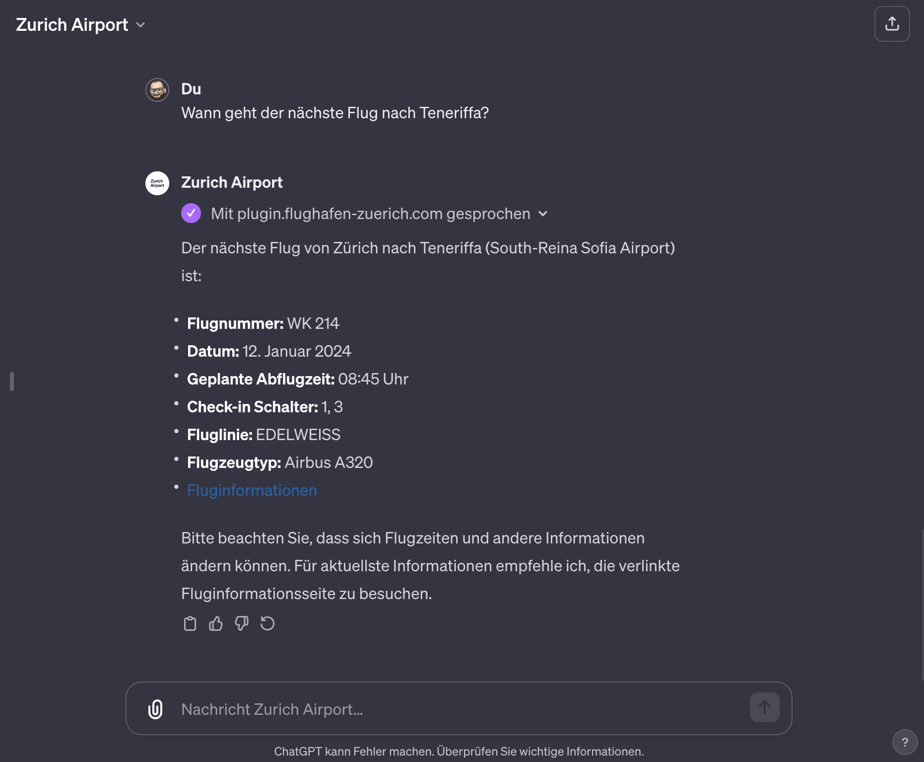 Chat-GPT-Abrage nach den nächsten Flug nach Teneriffa.