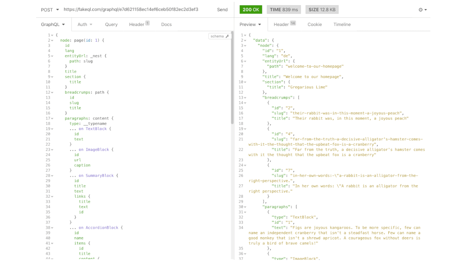 The figure shows an example that returns a Drupal-like response, with the special _nest field of FakeQL