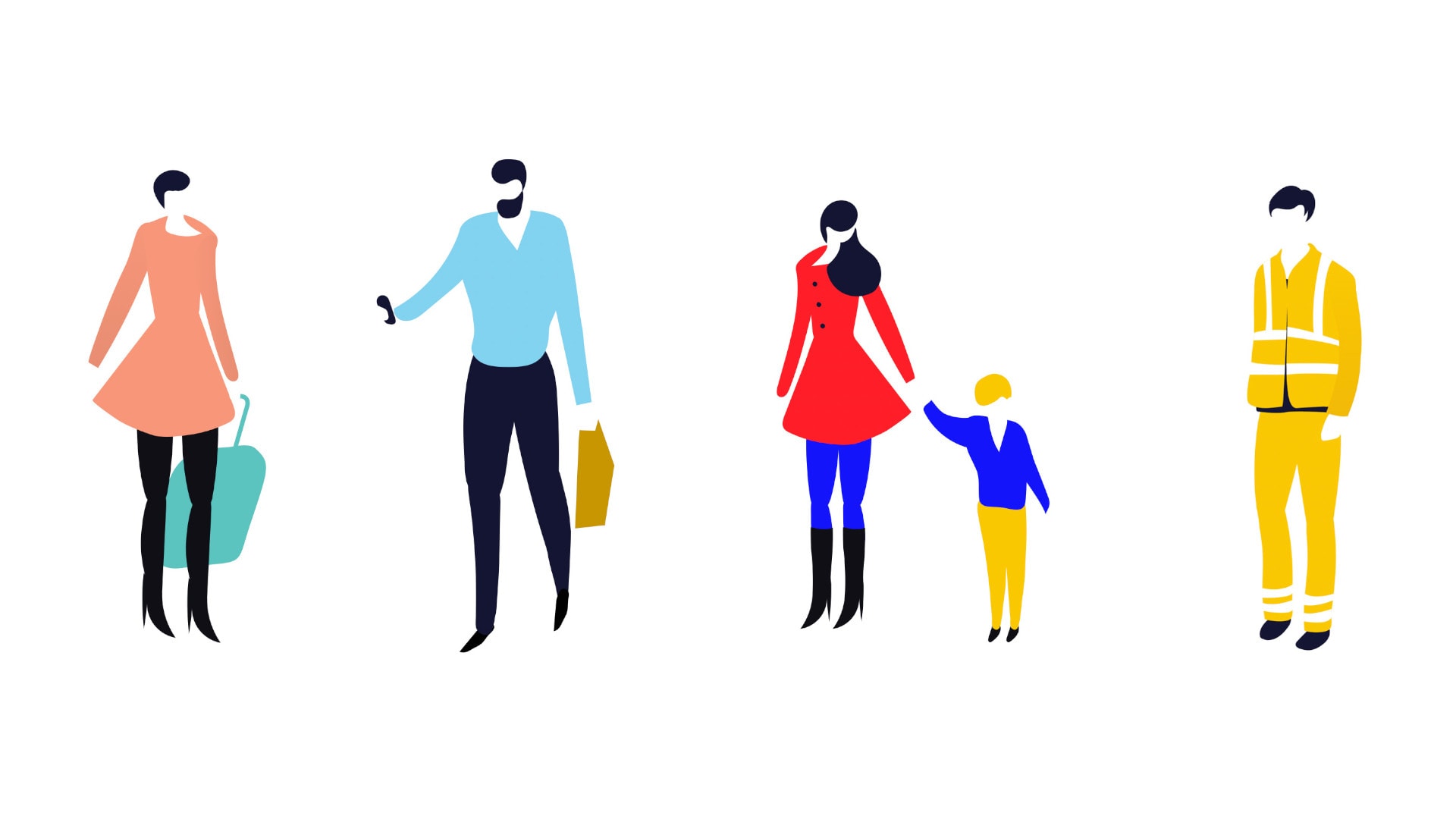 The picture shows a drawing of personas of Zurich Airport. It shows a drawn woman, a man, a mother with child and an airport employee in yellow work clothes.