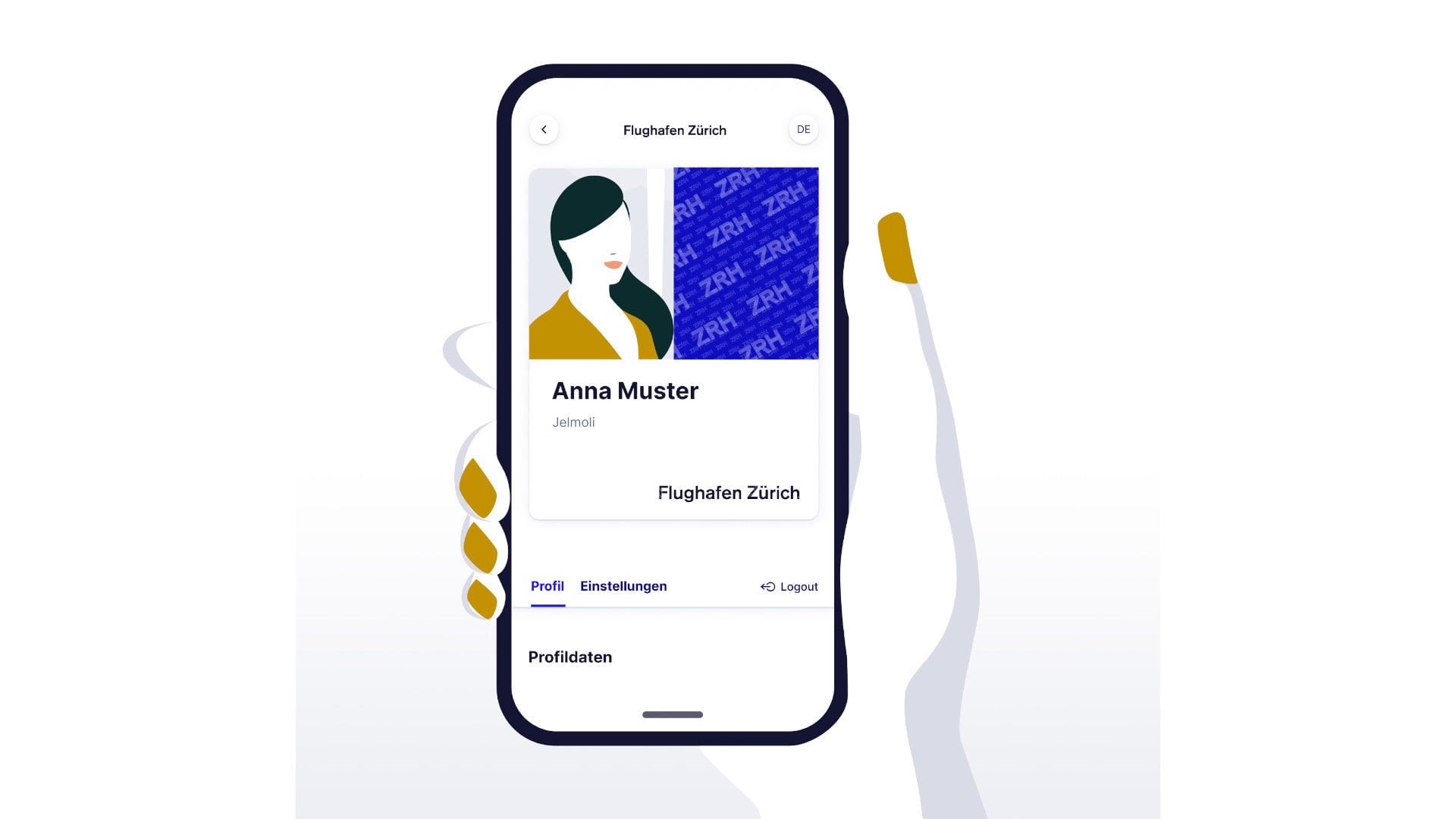 Das bild zeigt ein gezeichnetes Smartphone auf dem die App des Flughafens Zürich läuft. Das Display zeigt das Profil der Dame Anna Muster.