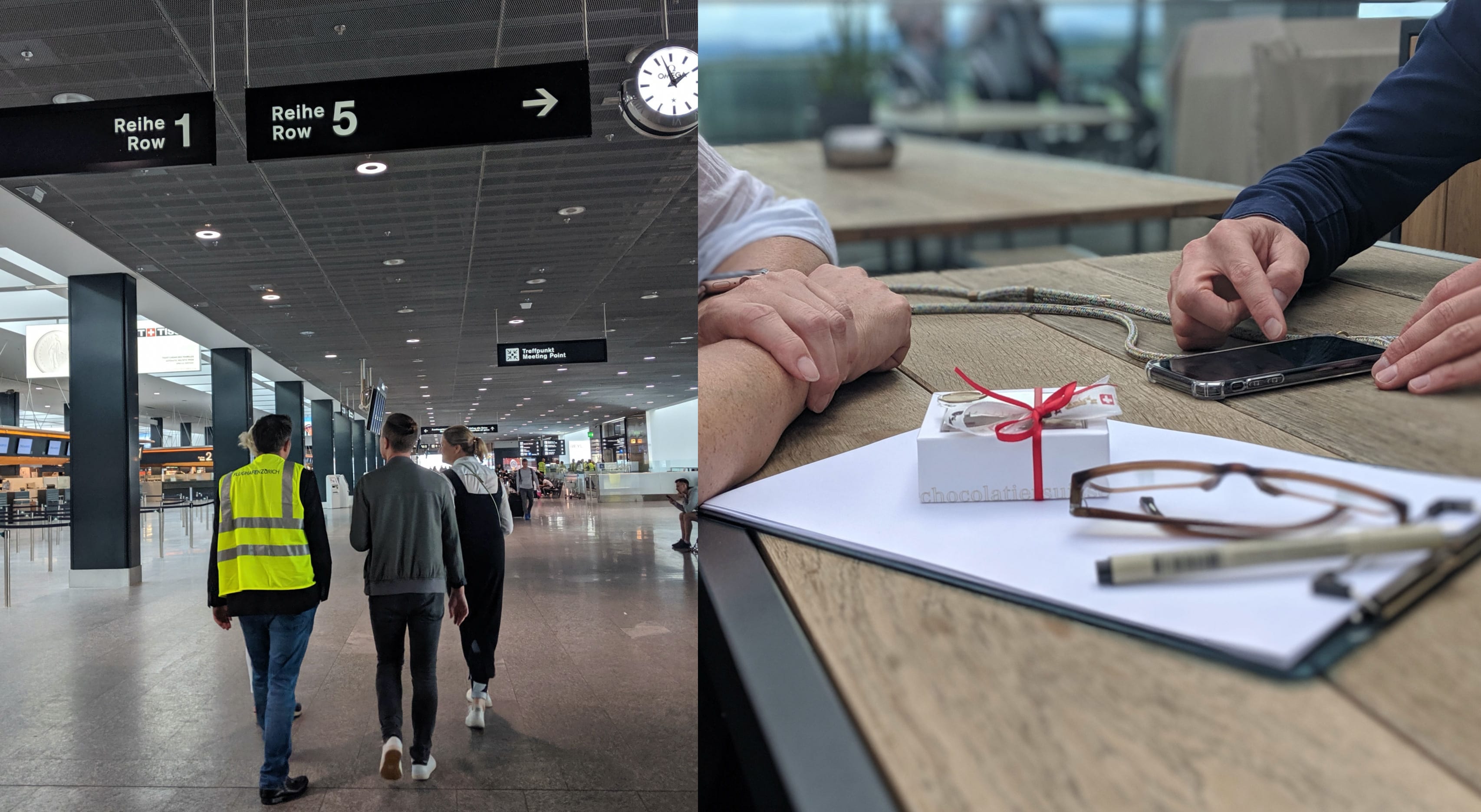 The picture shows two pictures in one. On the left are 4 people at Zurich Airport. On the right are two people at a table. One person is using a smartphone.