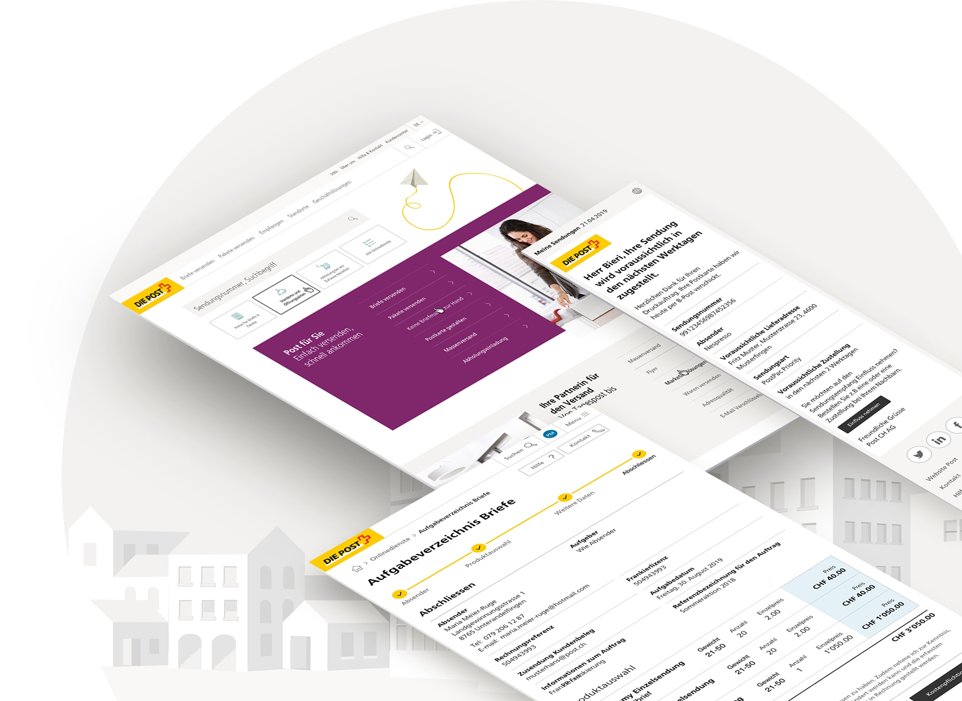 The image shows the different channels and options for interacting with Swiss Post CH. From consignment notification to tracking the consignment number. Users can view their interactions in the personal area.